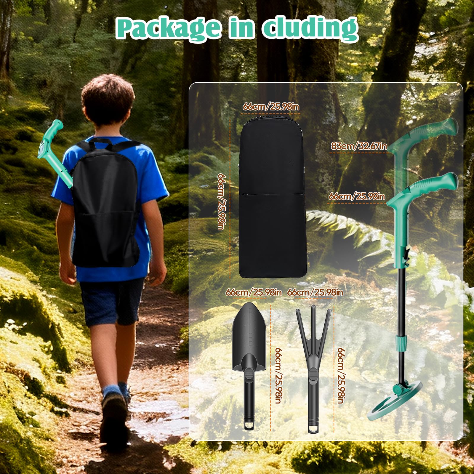 Metal Detector Bambini, Metal Detector per Bambino Leggero con Asta Regolabile 66-83 cm, Display LCD e Bobina di Ricerca Impermeabile, Pala, Rastrello, Setaccio e Borsa, Verde