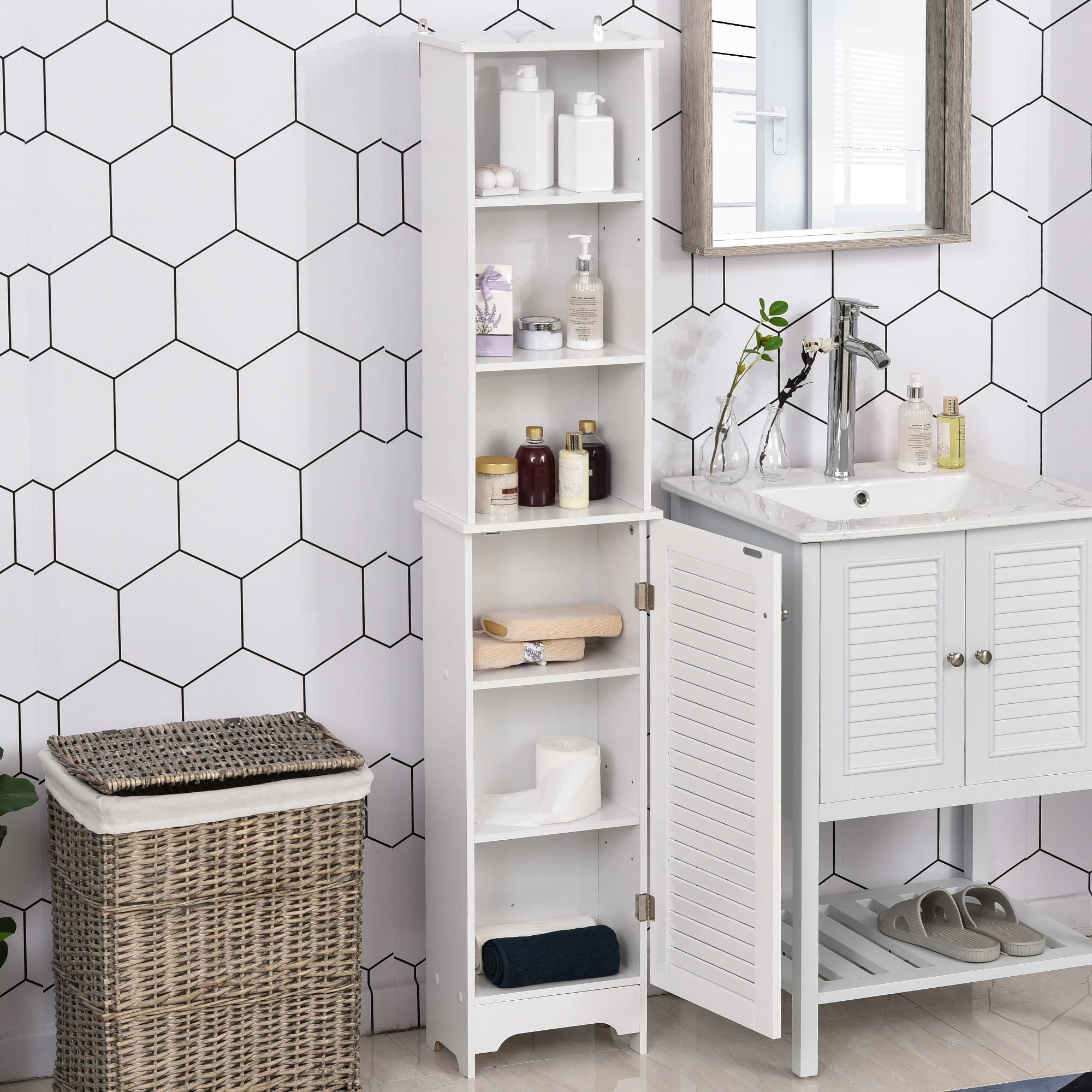 HOMCOM Armario Alto de Baño con 1 Puerta 3 Estantes 34x20x165 cm Blanco | Abiertos, Balda Interior Ajustable, Mueble Auxiliar de Almacenaje, para Salón, Aseo, Dormitorio
