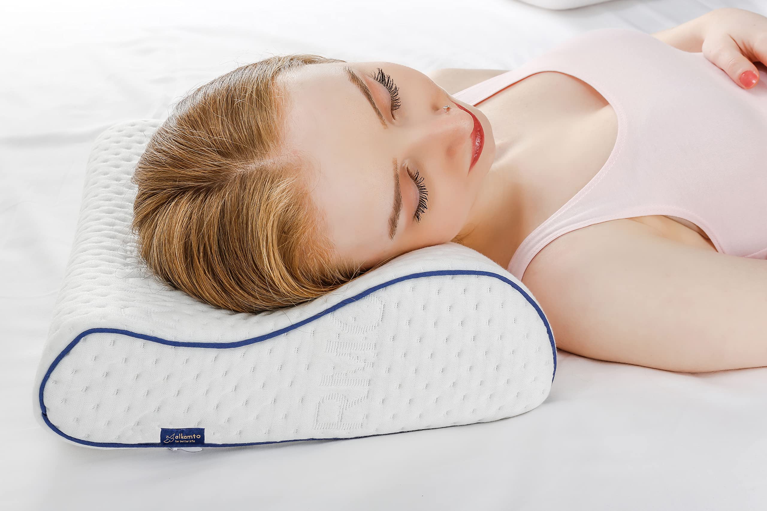 alkamto Comodo cuscino in memory foam con fodera in cotone extra – facile da trasportare – federa per cuscino regolabile della temperatura (Bianco Cervicale)