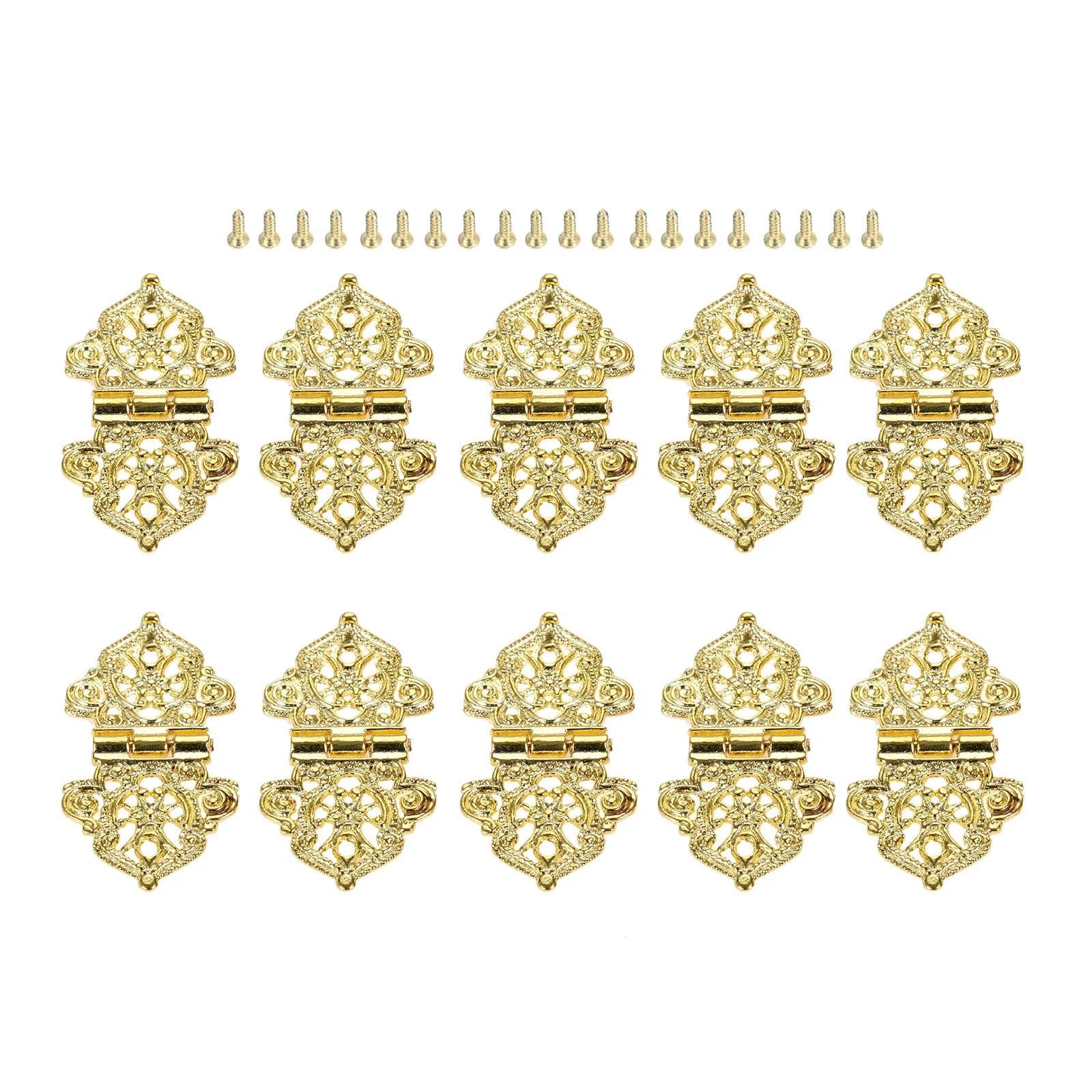 HKVTVCYPYA 10Pcs Antique Bronze/Gold Decorative Hinges Wood Box Cabinet Door Butt Furniture Hardware with Screws(Gold)