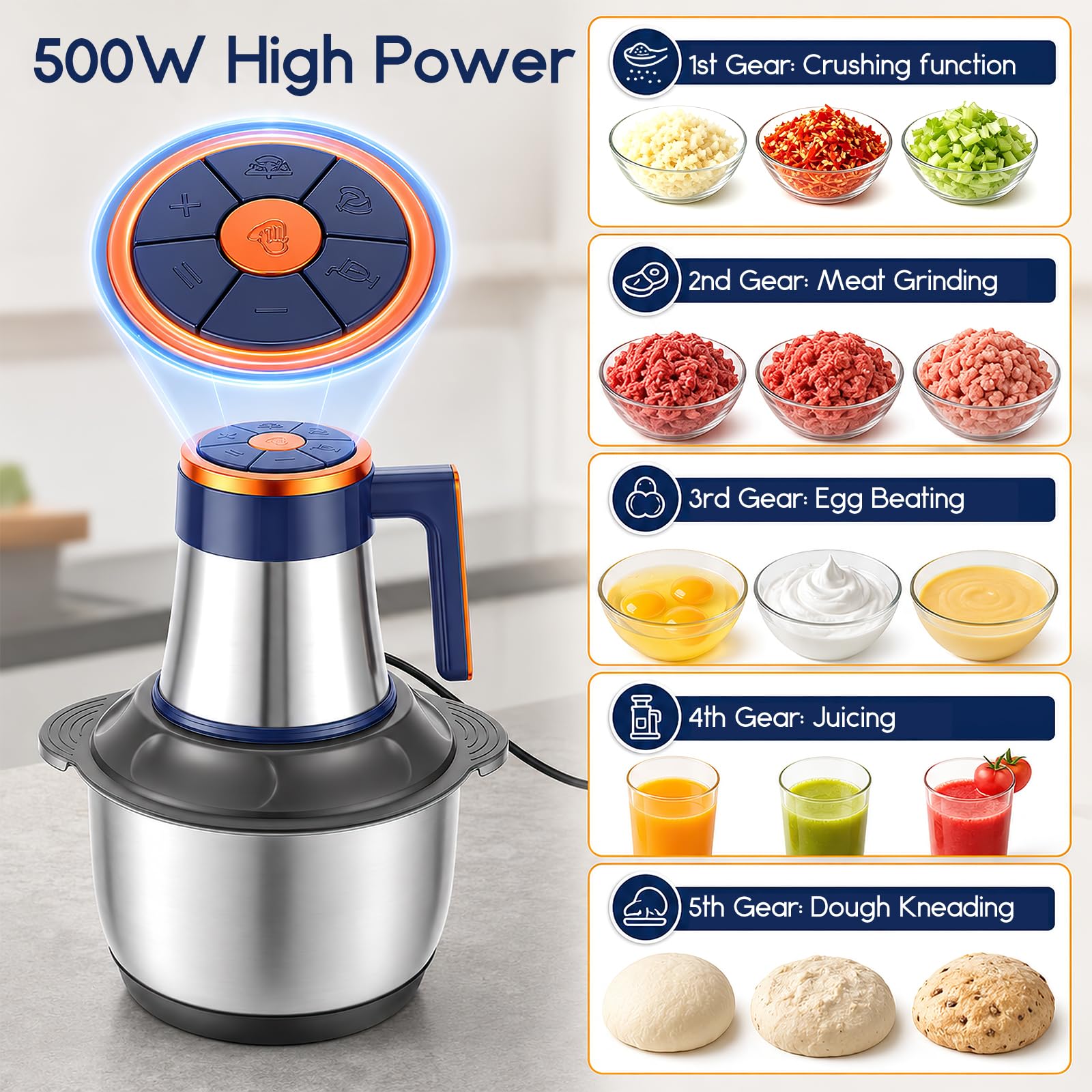 Tritatutto elettrico da cucina, 500 W, 5 l, in acciaio inox, tritacarne elettrico con 7 velocità e 6 lame, tritacarne per carne, cipolle, verdure, tritacarne universale 5 in 1