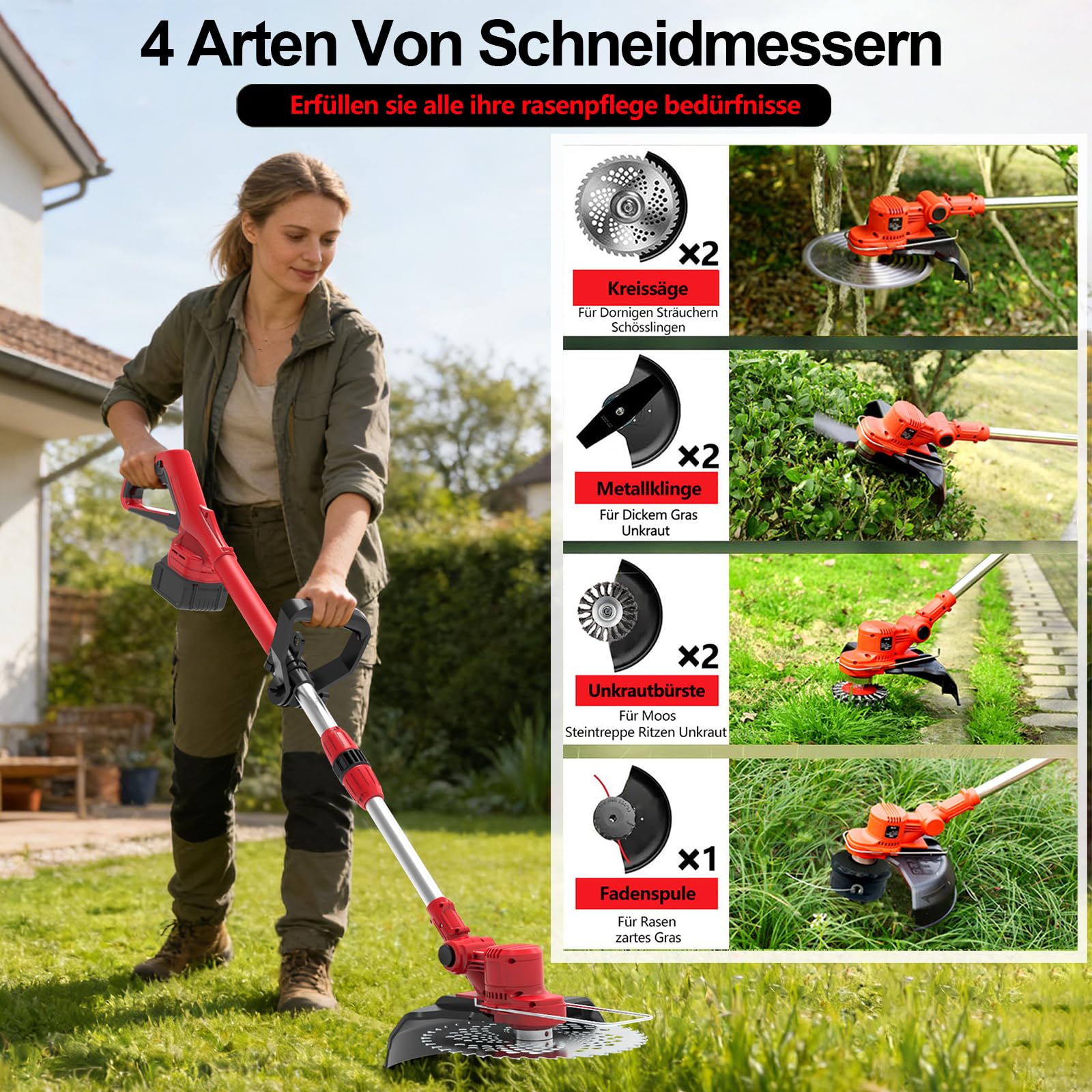 Rasentrimmer mit Akku,Akku Rasentrimmer für Makita-Akkus,21V Freischneider mit 2 Stück 4,0Ah Akkus & Ladegerät,4-In-1 Rasentrimmer mit UnkrautbüRste,für Rasen, Rasenkanten & Unkraut,Rot