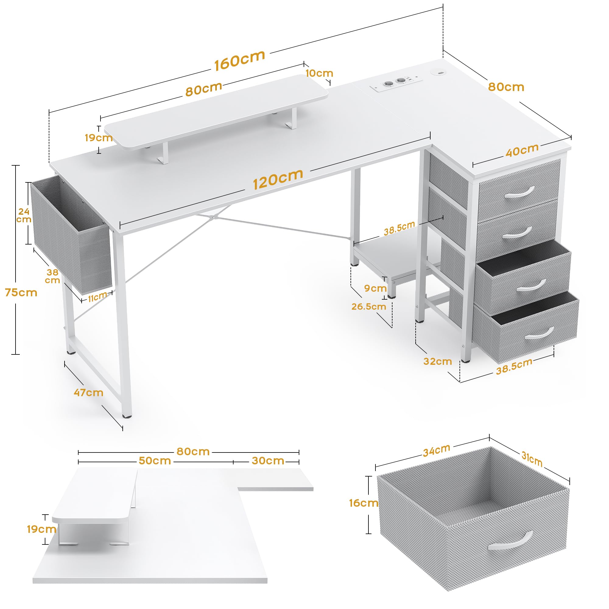 Claiks Bureau d'angle avec 4 Tiroirs,160x80x75 cm Bureau en L avec Prises de Courant et Ports de Charge USB, Table avec Support d'écran und Poche de Rangement latérale pour dans Un Grand, Blanc/Blanc