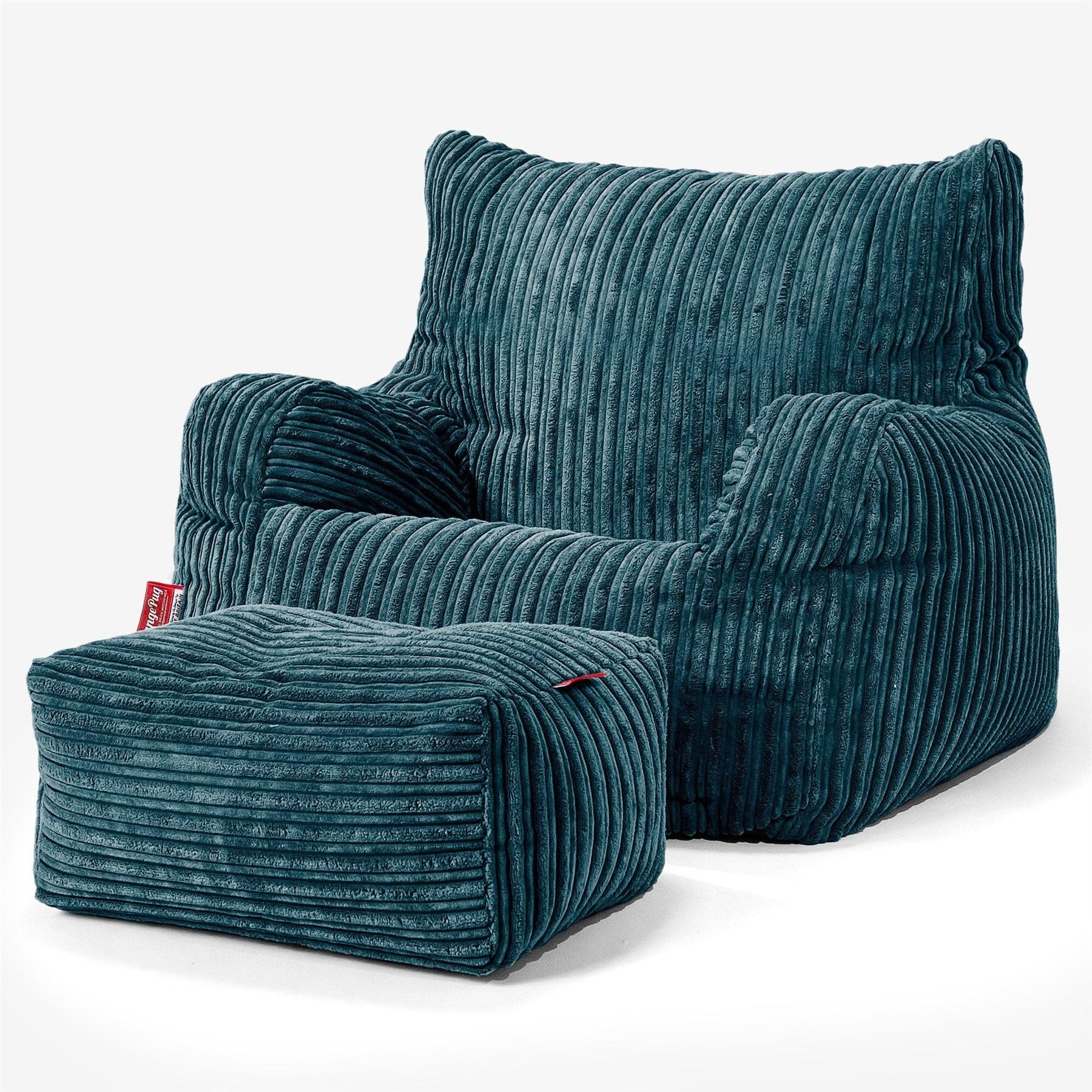 Lounge Pug Cord Fabric Armchair Bean Bag and Footstool Set for Living Room Lounge - Adult Beanbag Chair - Corduory Teal Blue