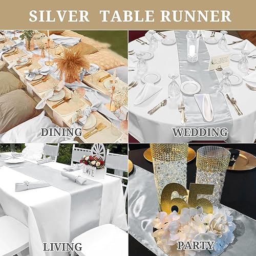 Miniatura 4 de Paquete de 15 caminos de mesa de satén de 12 x 108 pulgadas de largo para mesas redondas rectangulares, camino de mesa de satén suave para bodas,