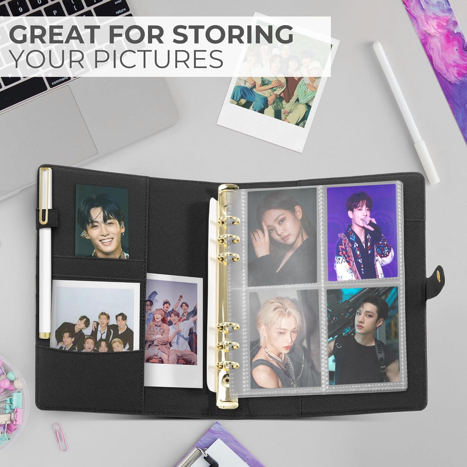 Aesthetic A5 Binder with 6 Golden Rings - Refillable & Sturdy Planner w Pockets Keeps You Perfectly Organized - Mini Notebook with Magnetic Closure Works Great as Photocard Binder for All Your Cards
