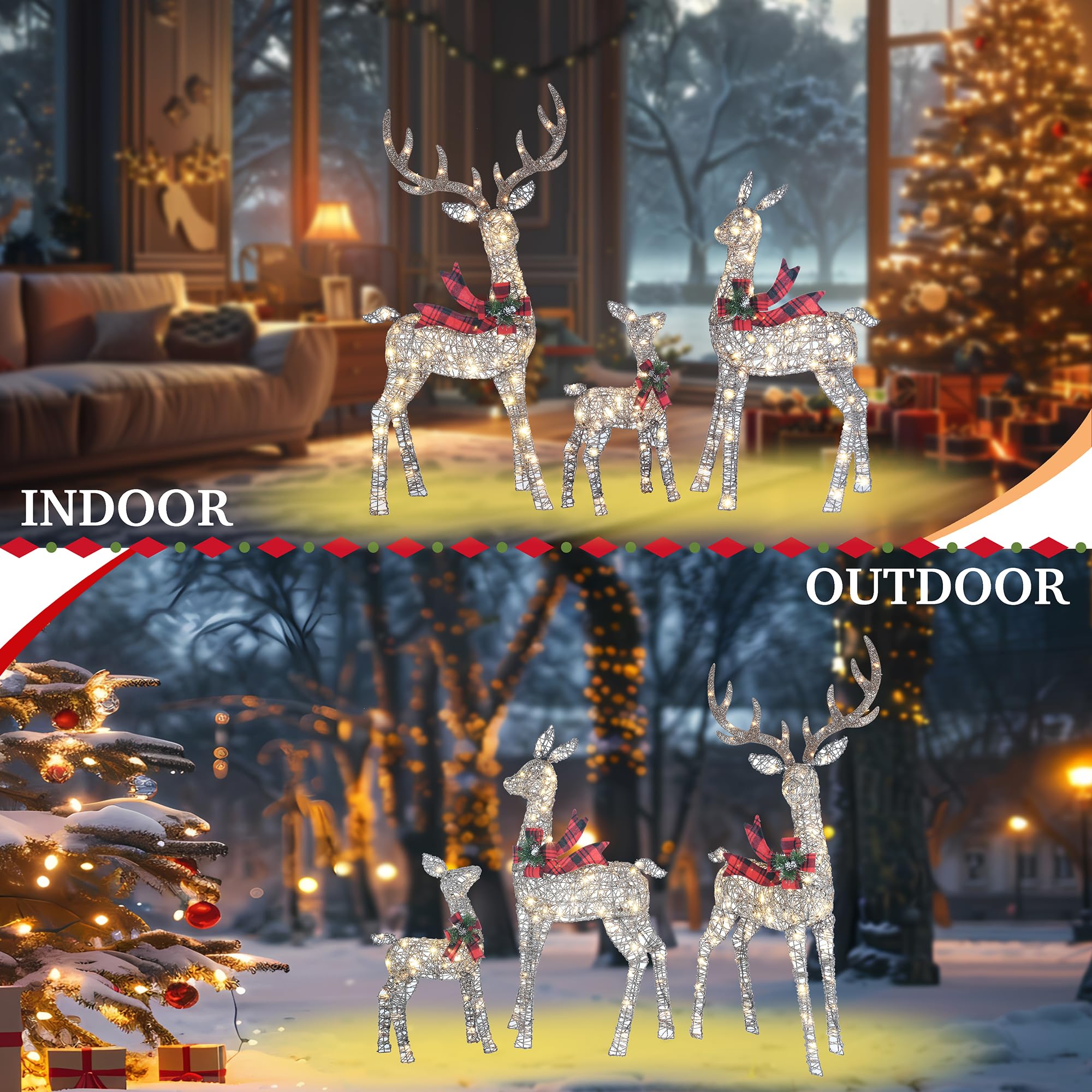 Decoraciones de ciervo de Navidad tejidas en 3D de 58 pulgadas, 3 piezas para exteriores, juego de renos con 210 LED blancos cálidos, gran exhibición de patio para jardín, escaparate