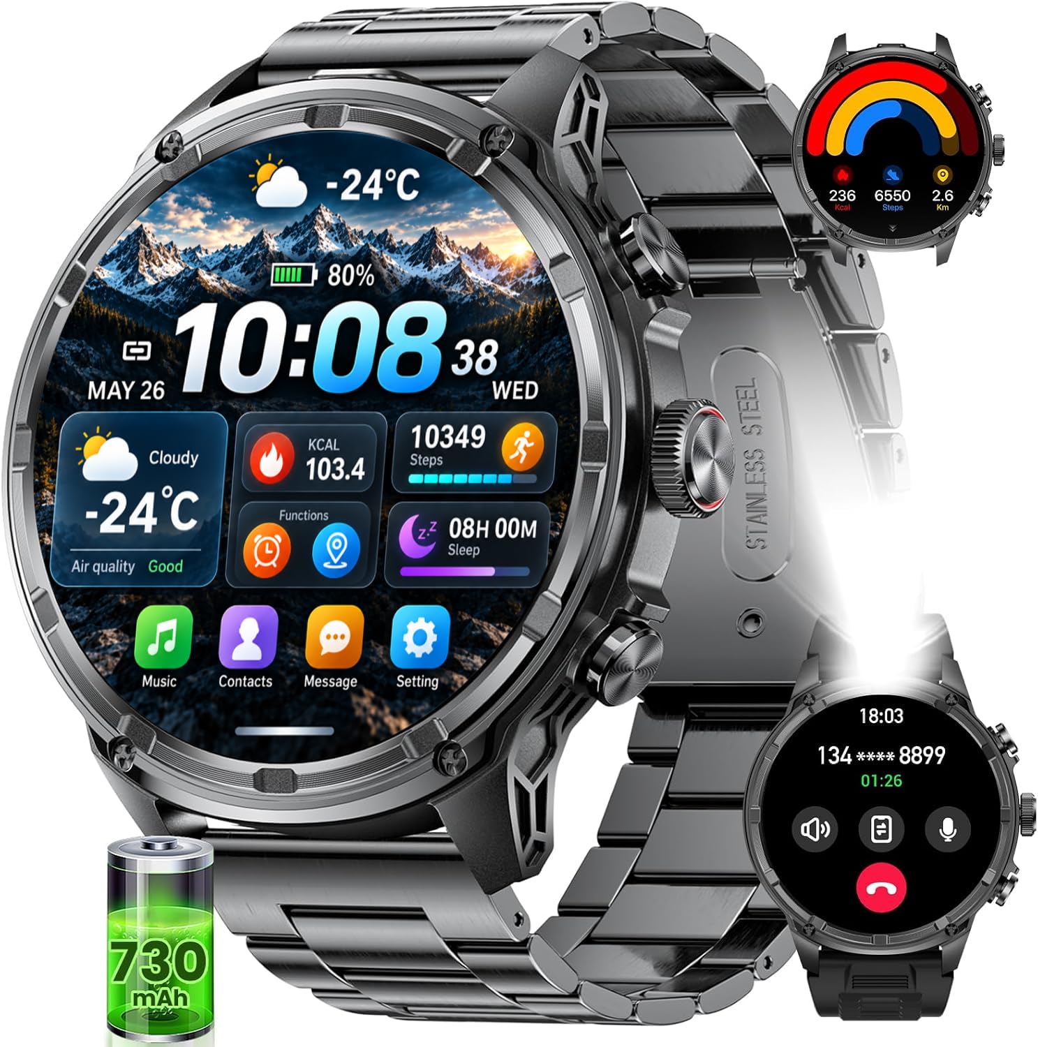HIRREO Smartwatch Herren,1.85‘’ HD Großes Display/710 mAh Akku Sportuhr Herren mit Taschenlampe/5ATM Wasserdicht/120+ Sportmodi Fitnessuhr mit Herzfrequenz,Schlafmonitor für Android iOS