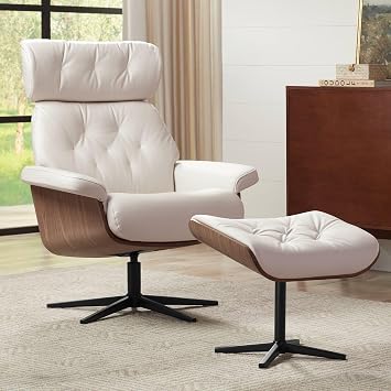 Benchmaster Melia Eggshell Adjustable Faux Leather Swivel Recliner and Ottoman