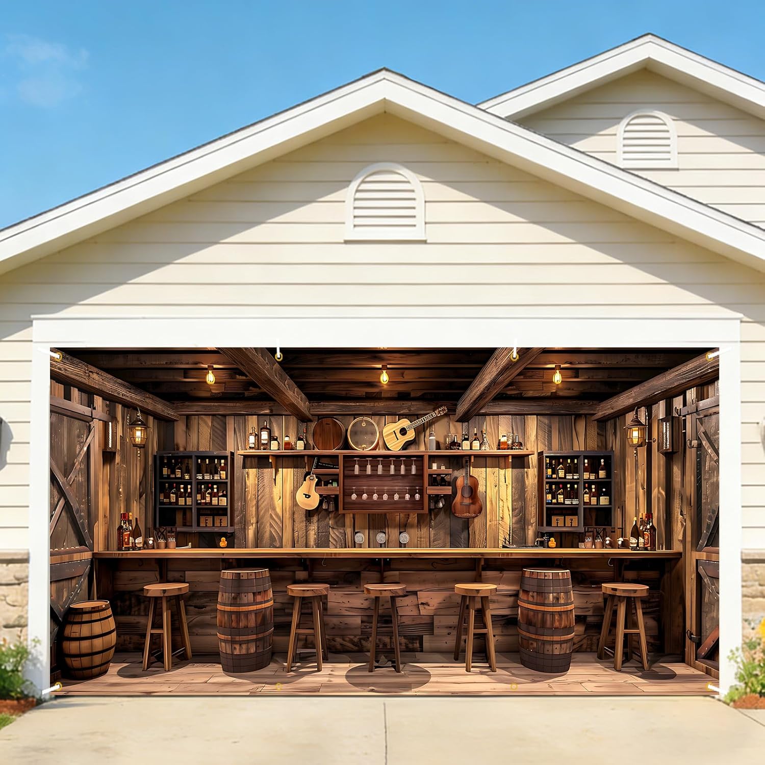 Garage Door Banner Cover 6 x 13 Ft, Extra Wide Outdoor Garage Door Decoration, Weather Resistant Polyester Garage Door Mural, Easy Install Rustic Wooden Bar Banner, Multiple Designs (Rustic wooden bar)