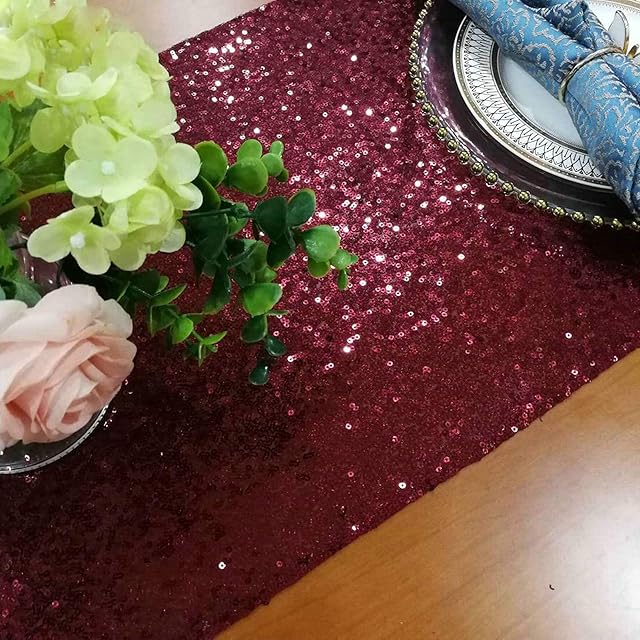 ShinyBeauty Burgundy Sequin Table Runner Wedding Table Decor 12x72-Inch Glitter Table Runners for Christmas Dining Table Runner Home Decor (12x72, Wine)