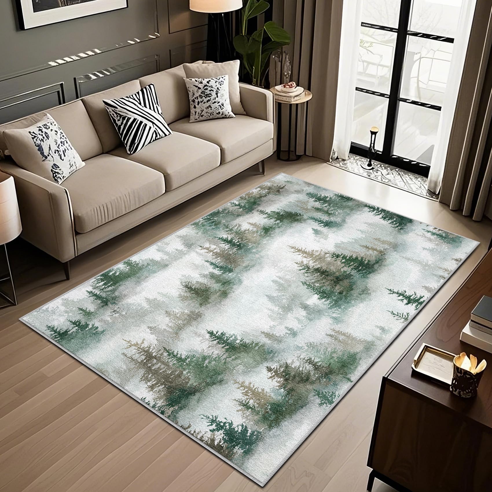 Tapis antidérapant et lavable motif paysage de pins 60x90 cm pour entrée
