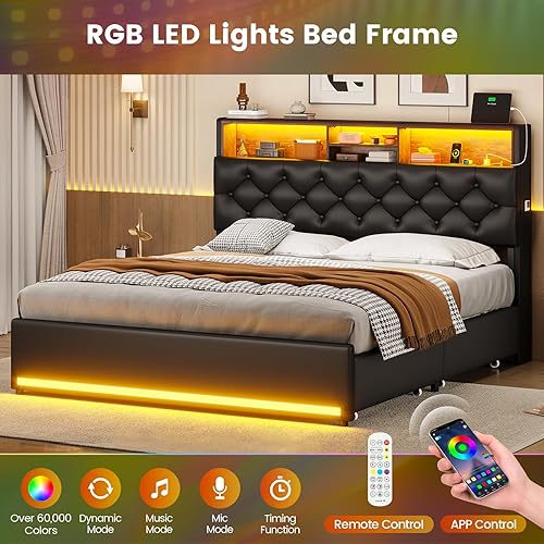 Miniatura 3 de BTHFST Base de cama Queen con 4 cajones y cabecera de almacenamiento oculta, marco de cama LED tamaño Queen con estación de carga, cama tapizada con