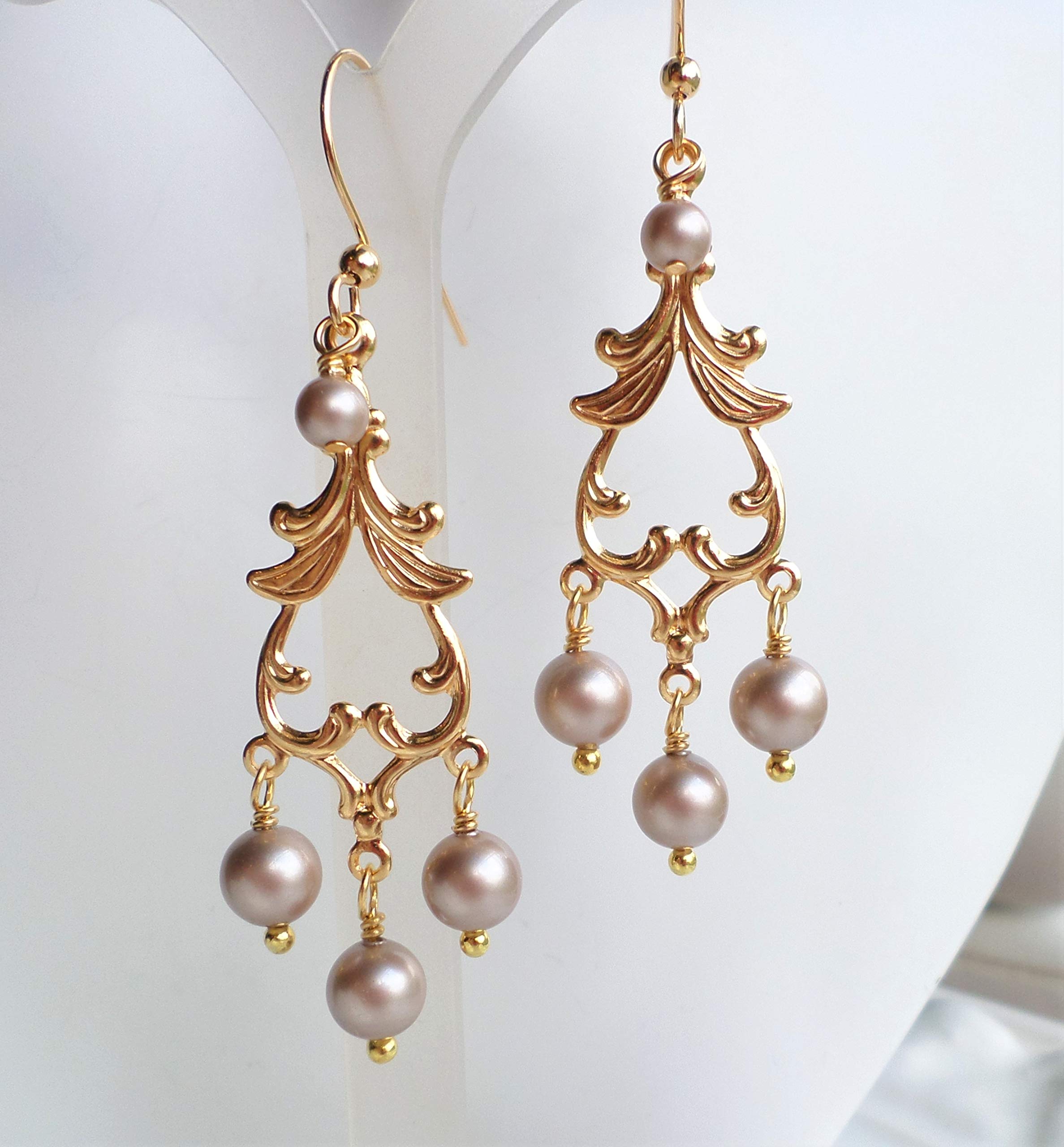 Champagne Powder Almond Swarovski Pearl Gold Brass Chandelier Earrings
