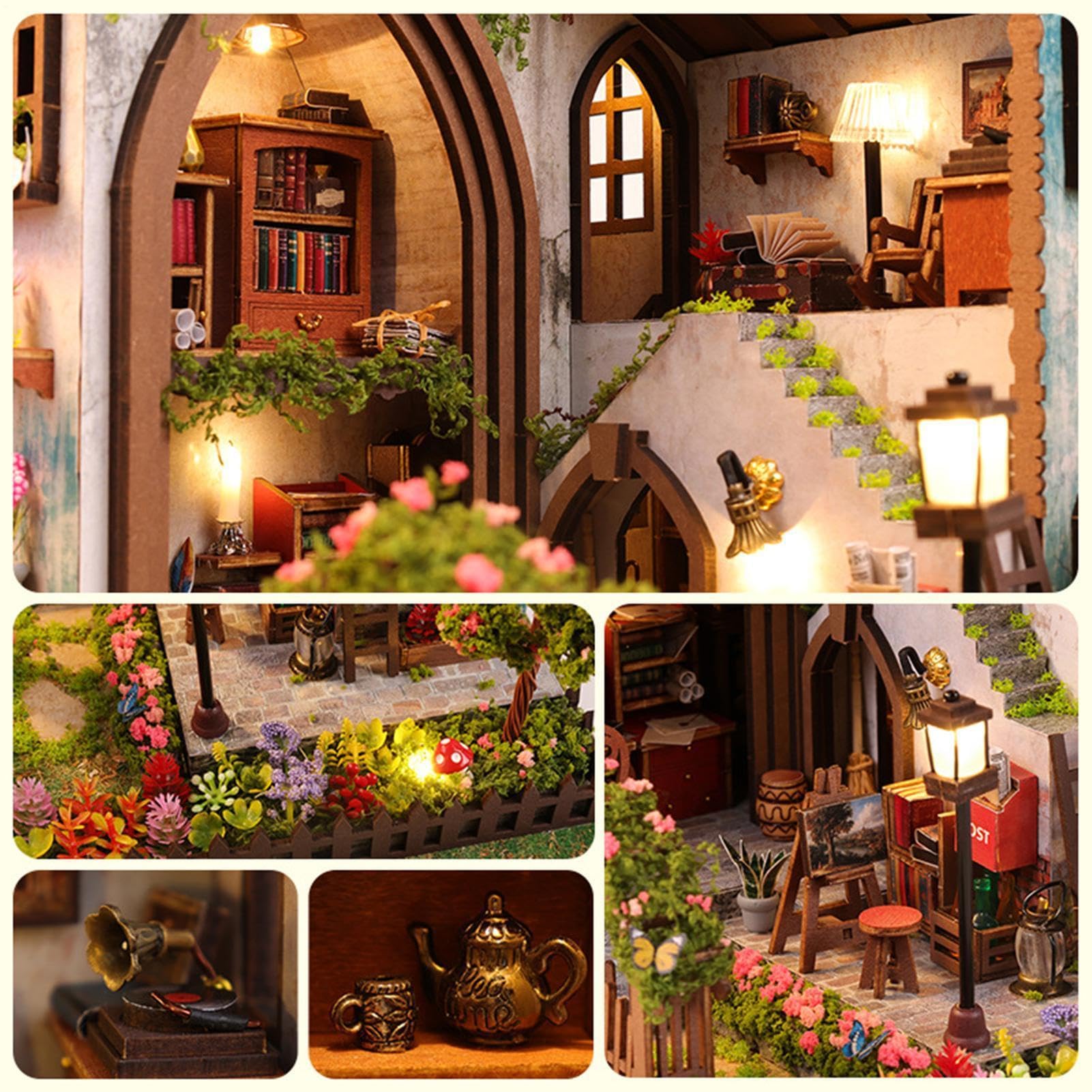Casa in miniatura, in legno, 3D, dettagliata, luce calda, modello per