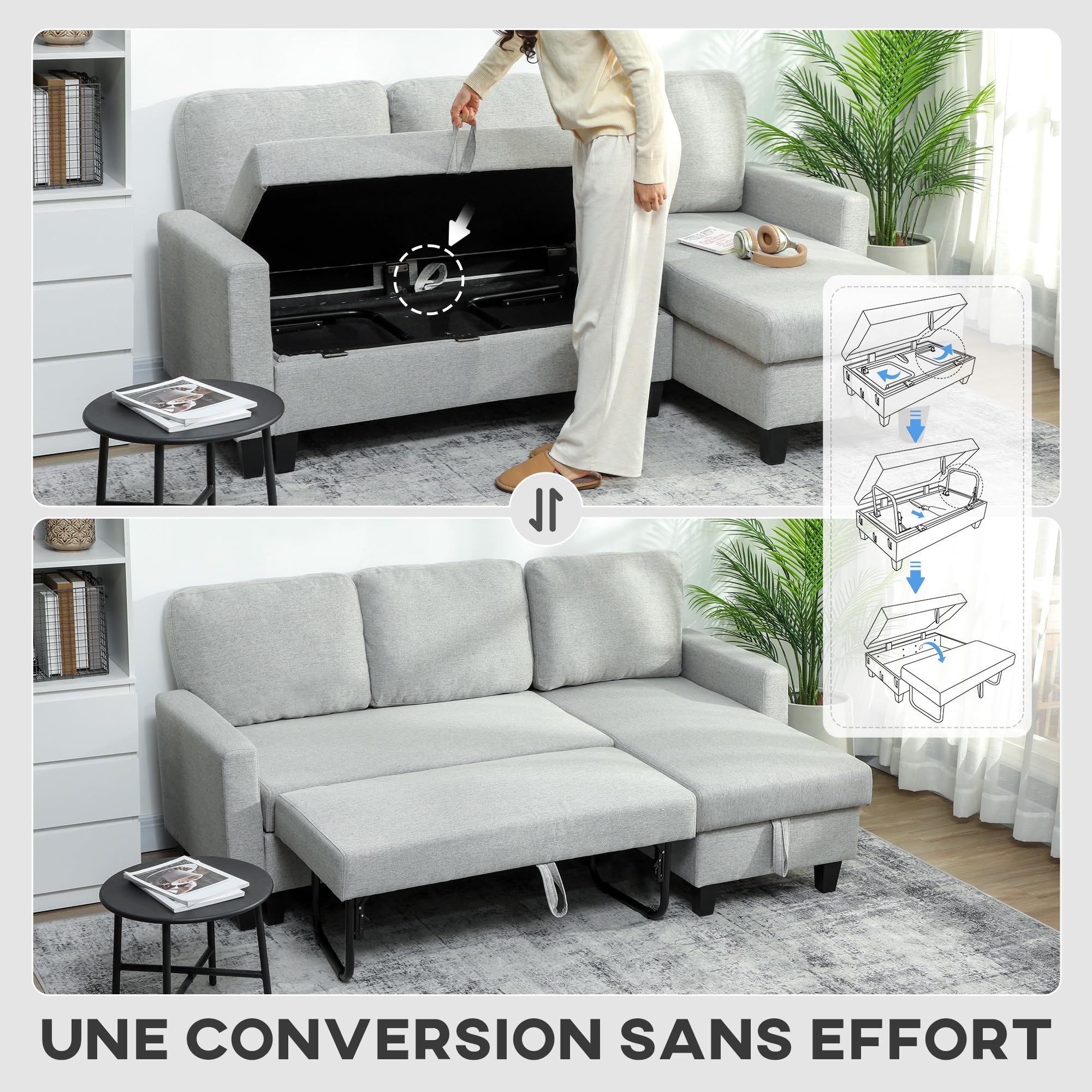HOMCOM Canapé d'angle Convertible Réversible 3 Places 197 cm Gris Clair