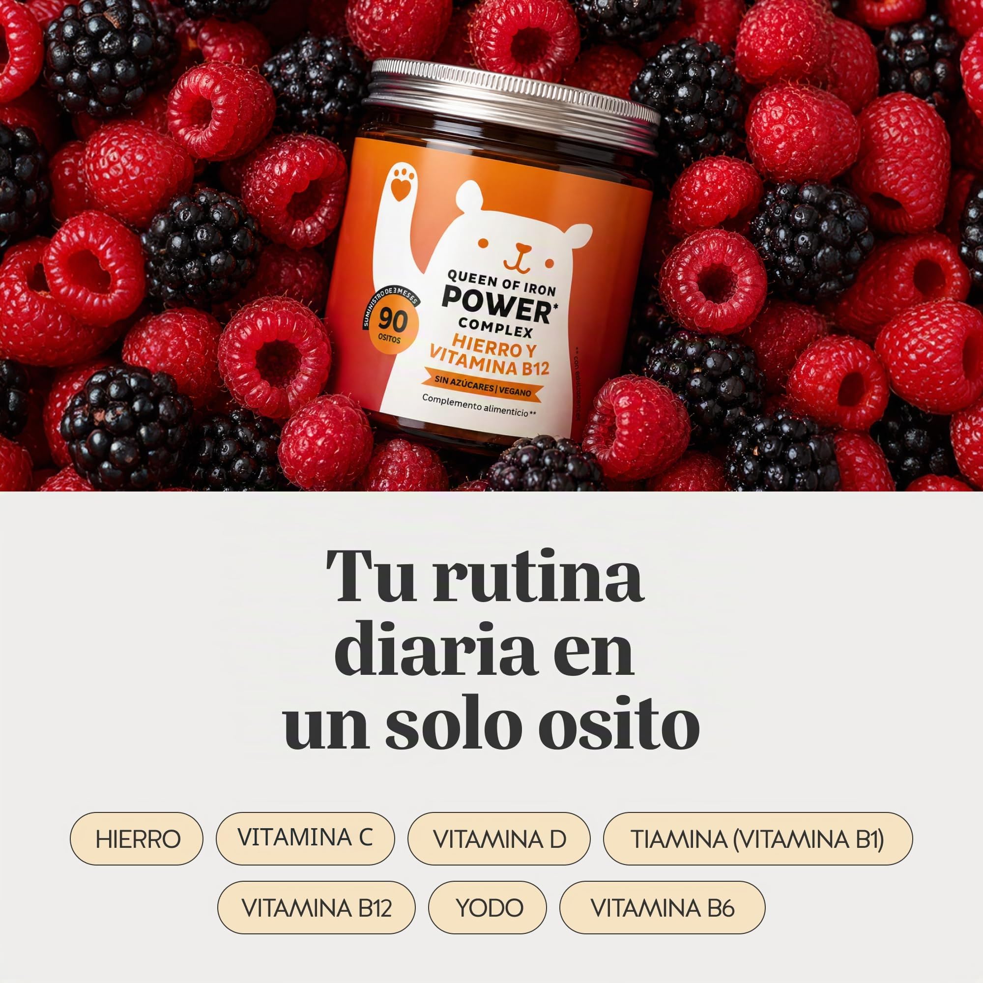 Queen of Iron Power Complex - Gominolas de Energía y Vitalidad - Hierro con Vitamina B12, B1, B6, C, D y Yodo - 90 unidades (3 meses) - Sin azúcar, Vegano - Bears with Benefits
