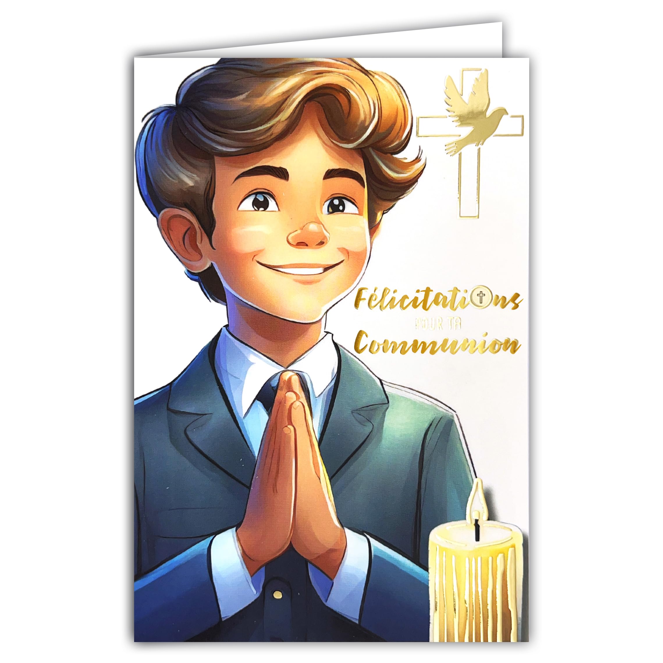 68-6005 Congratulations on Your Communion Card in Shiny Gold with Envelope 12 x 17.5 cm for Young Catholic Christian Boy in Ceremony Costume Candle Cross Dove Peace Made in France