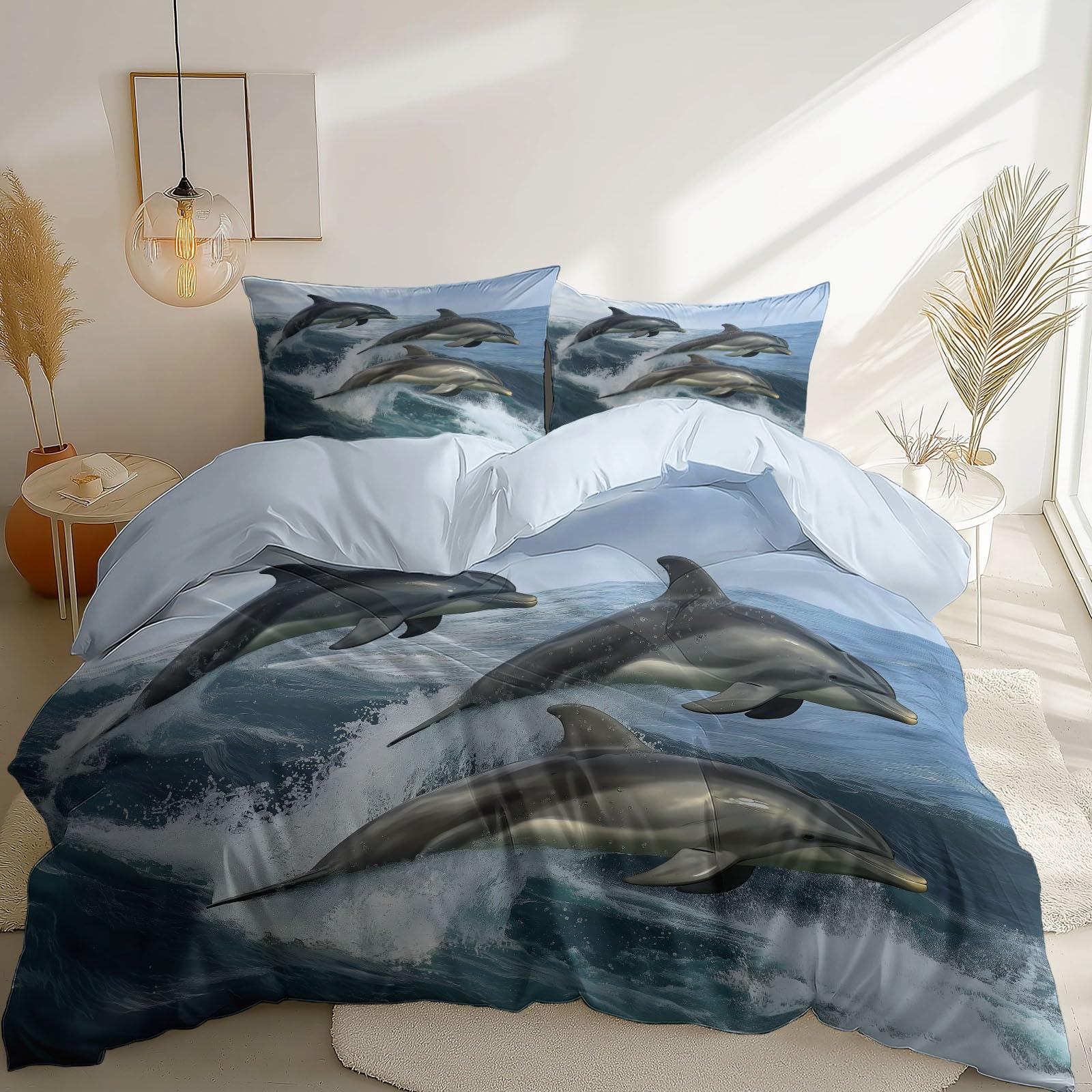 Poszwa na kołdrę ze zwierzęciem Delfin Elegancki nadruk z nadrukiem, jasnoniebieski zestaw pościeli z mikrofibry z 2 poszewkami na poduszki, poszwa na kołdrę 240x260 cm dla dzieci młodzież i dorośli