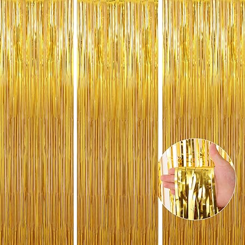 Decoraciones de fiesta de cumpleaños 3 paquetes de cortinas de flecos de lámina dorada de 3.3 x 9.9 pies, suministros de fiesta, telón de fondo de