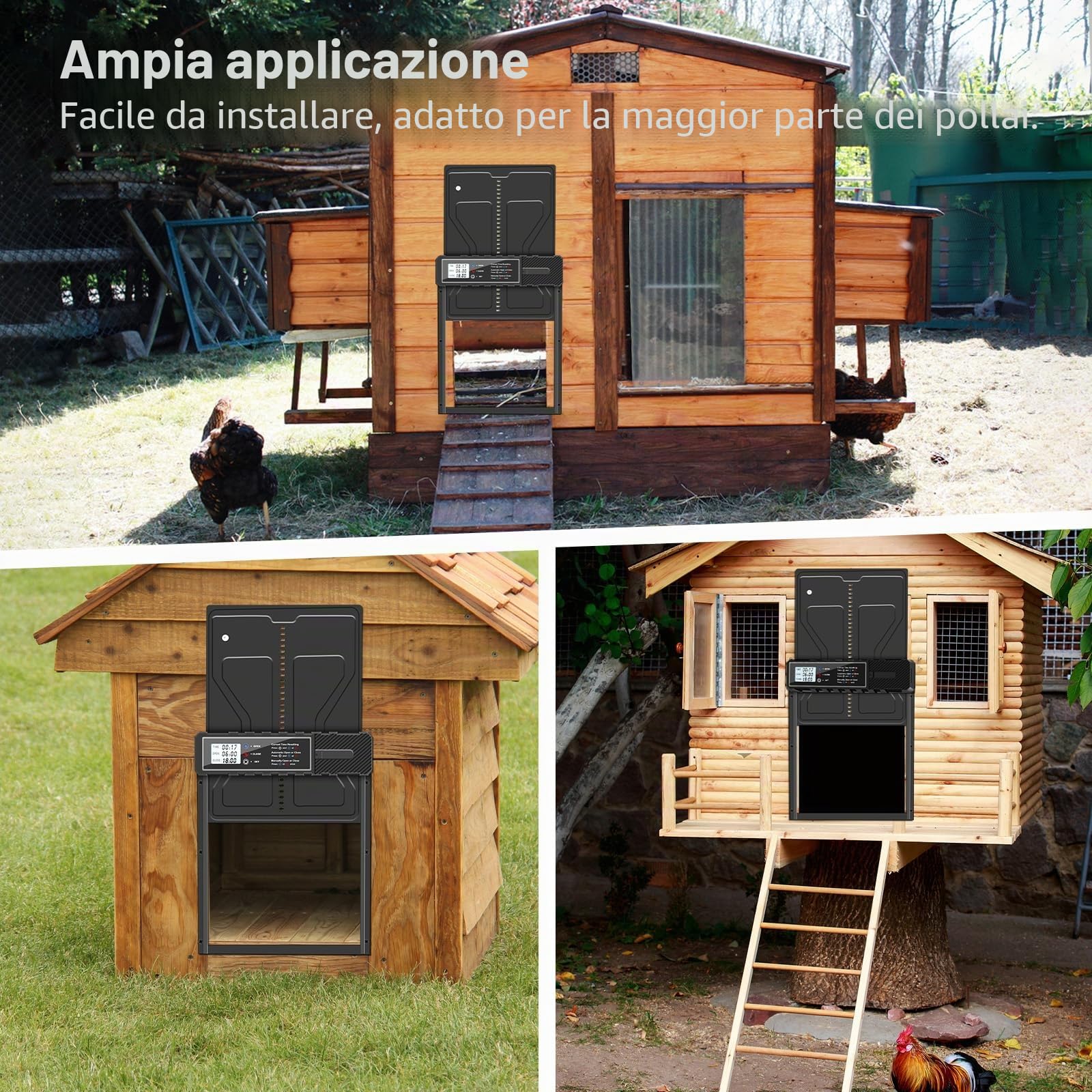 Sportello Automatico per Pollaio, in Alluminio, Elettrico, con Batteria, Impermeabile, Grande Display, Timer, Manuale, Automatico, Porta per Polli, Protezione Intelligente Anti-Intrappolamento