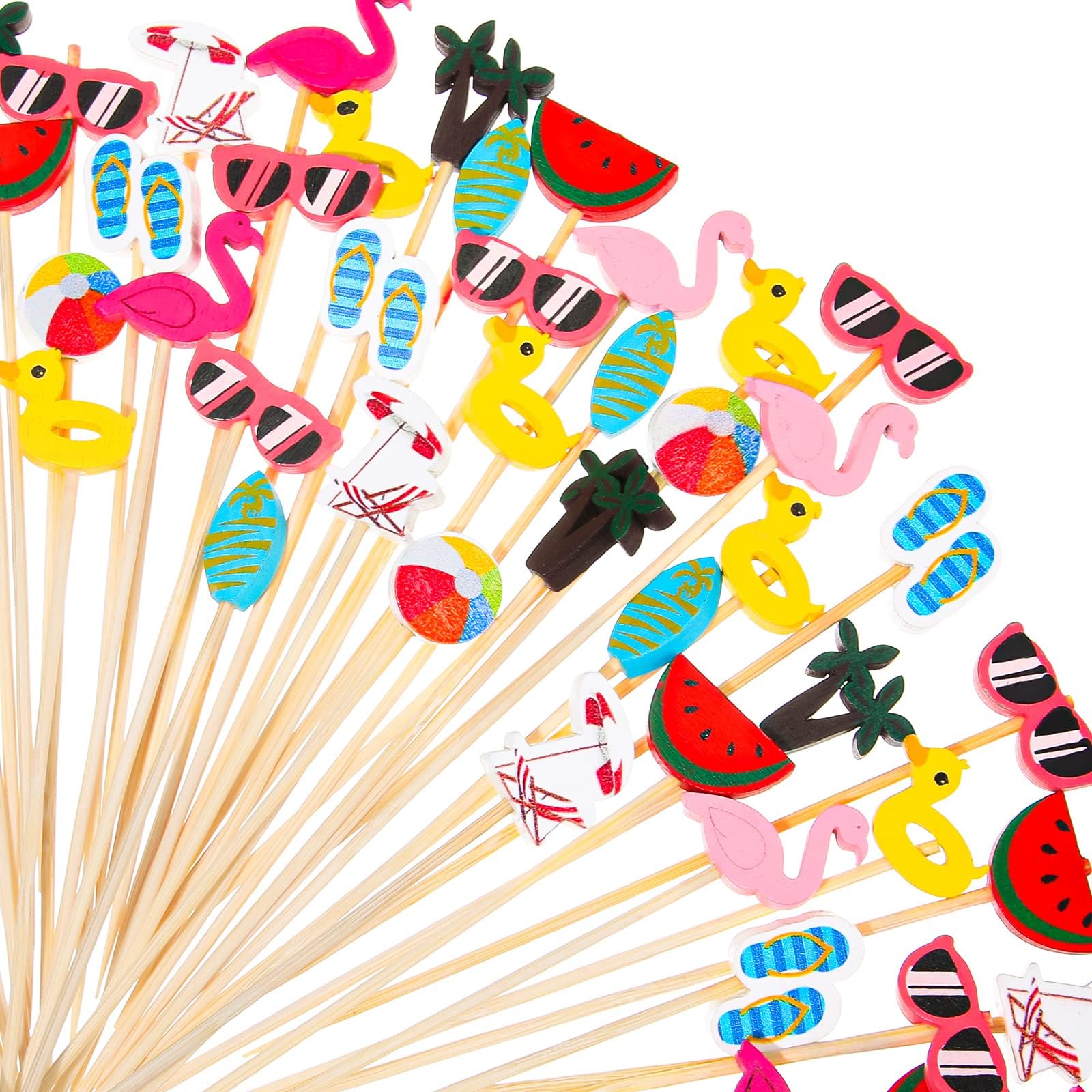 Irenare 100 Pcs Summer Pool Beach Cocktail Picks Assorted Picks Tropical Cocktail Bamboo Flamingo Backdrop Ball Slipper Handmade Toothpicks for Appetizers Food Drinks Luau Hawaii Beach Party