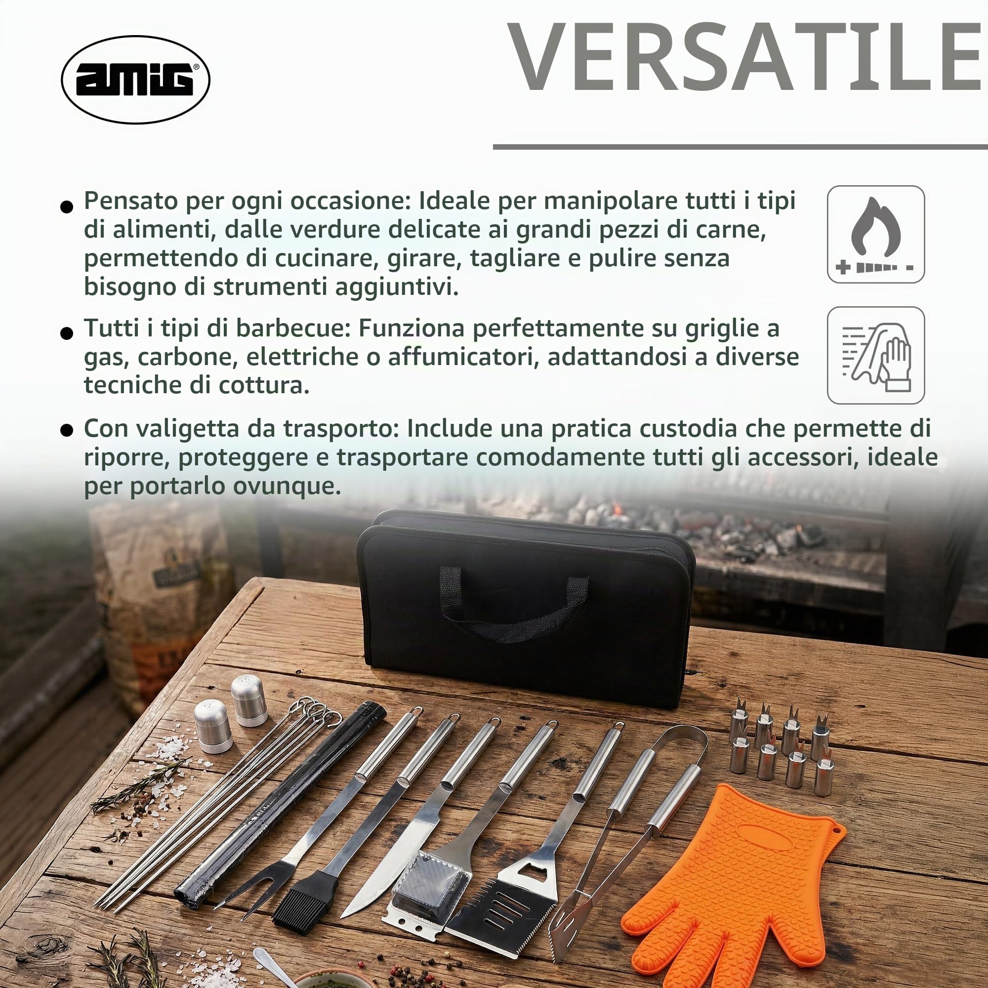 Amig - Kit 28 Accessori per Barbecue - 39 x 19 x 6 cm - Acciaio Inossidabile - Set Completo di Utensili - Accessori Pratici e Presentazione Curata per Regalo - Mod. AM18