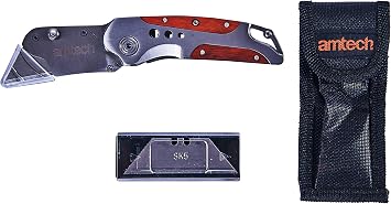 Amtech Folding Lock-Back Utility Knife, Wooden Grip with 5 Spare Blades, for Craft, DIY and Everyday Cutting.