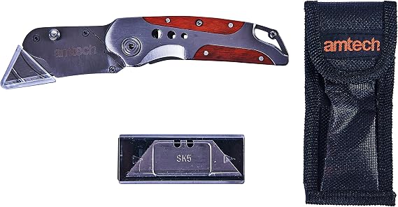 Amtech Folding Lock-Back Utility Knife, Wooden Grip with 5 Spare Blades, for Craft, DIY and Everyday Cutting.