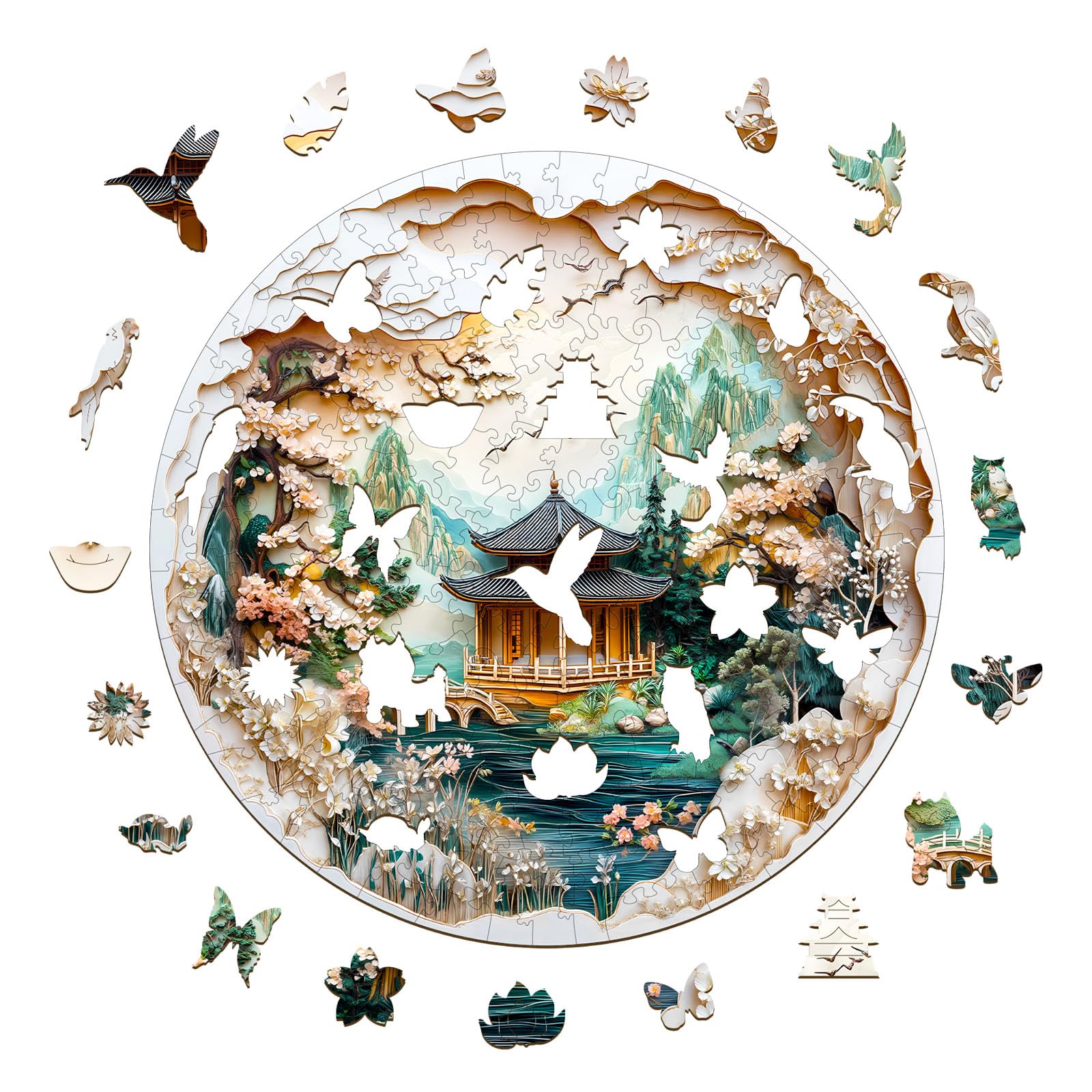 Holzpuzzle Erwachsene, Chinesische Landschaftsmalerei Wooden Puzzle Unregelmäßige Einzigartige Form Puzzleteile, 15+ Erwachsene Holz Puzzle Mit Geschenkbox Aus Holz