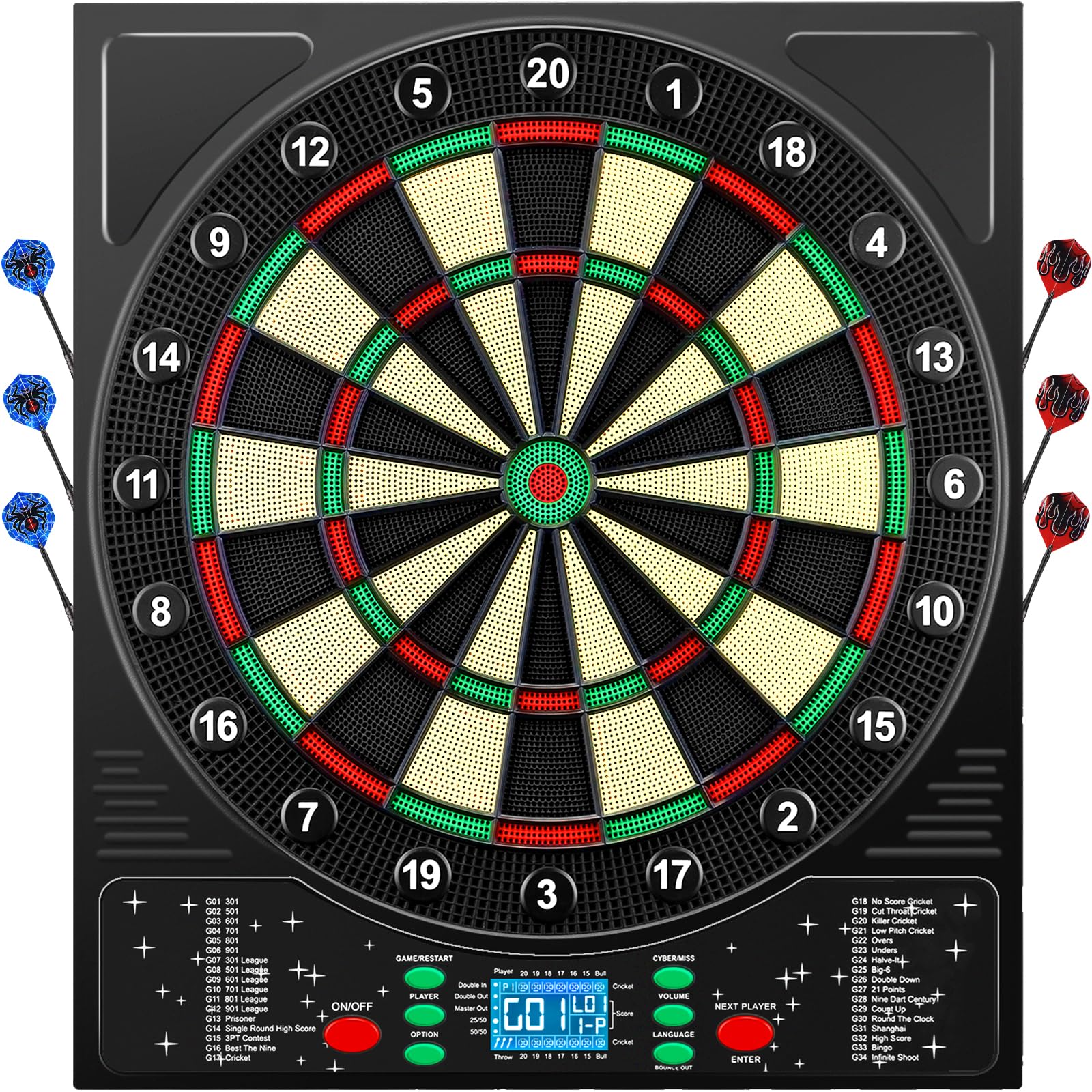 Dartscheibe Elektronisch Profi mit Deutsche Stimme&12 Dartpfeil, Elektronische Dartscheibe mit LCD-Bildschirm, 34 Spiele&355 Variationen, E Dartscheibe Elektronische Dartboard für 1-8 Spieler