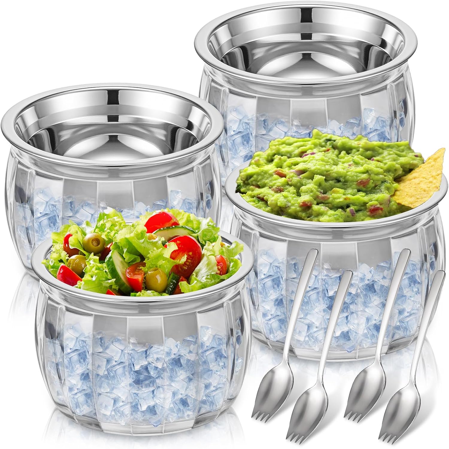 Baderke 4 Kits Dip on Ice Bowl 9.5 oz Cold Bowls for Serving with Spoons and Forks,Stainless Steel Chilled Serving Bowl with Acrylic Base for Hummus,Pasta,Fruit,Sauces,Dressing