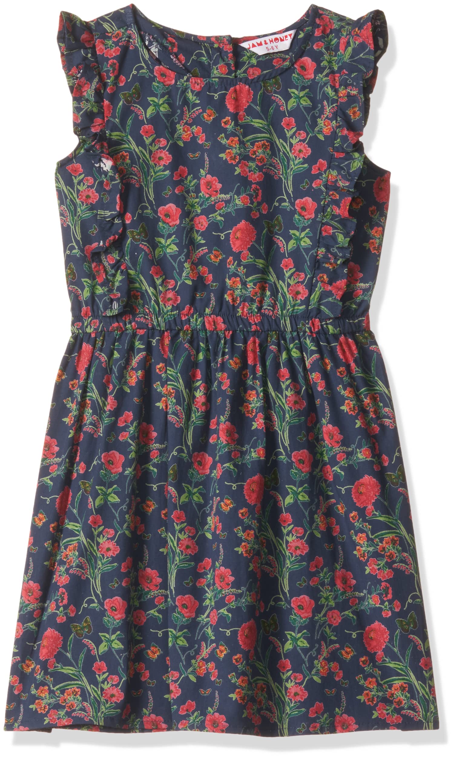 Amazon Brand - Jam & HoneyGirl's 100% Soft & Pure Cotton Comfortable and Stylish Sleeveless All Over Printed Casual Woven Dress with Frills for Play & Everyday Wear