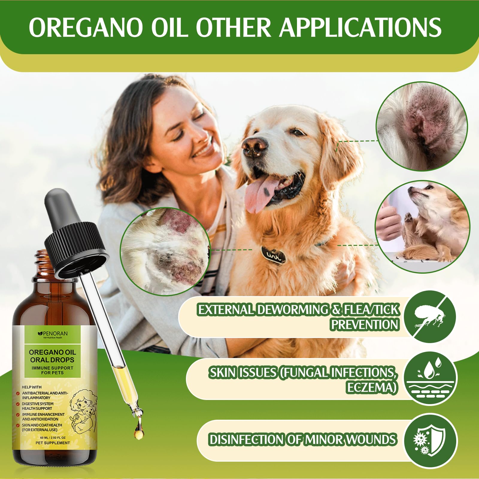 Aceite de orégano para Perros: antibiótico Natural, potenciador inmunológico, promueve la Salud digestiva, Alivia Las infecciones por levadura y Mejora la picazón de la Piel/Orejas.