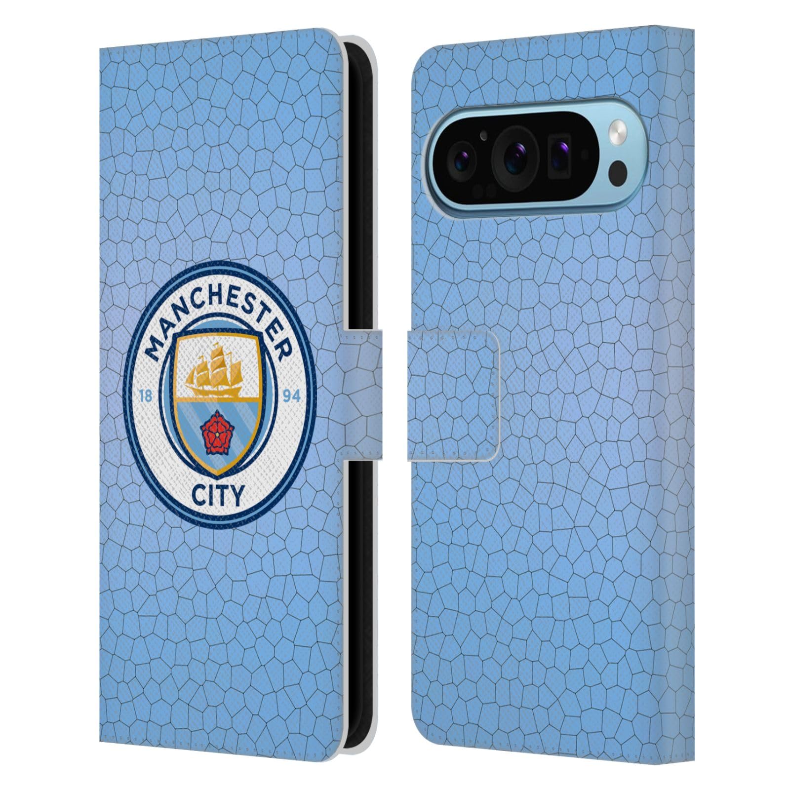 Head Case Designs Officially Licensed Manchester City Man City FC Blue Mosaic Full Colour Badge Pixels Leather Wallet Case Compatible With Google Pixel 9 / Pixel 9 Pro