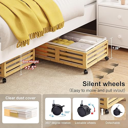 Miniatura 5 de Contenedores de almacenamiento debajo de la cama con ruedas, 2 unidades de madera de bambú rodantes debajo de la cama con bolsas para el polvo para