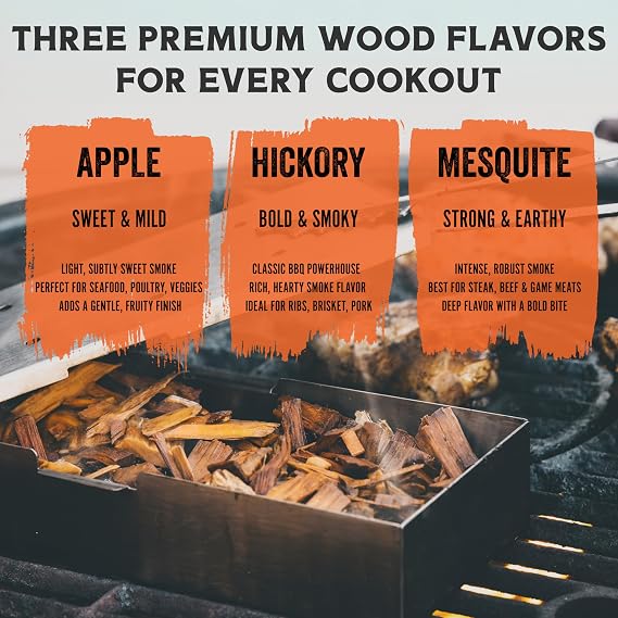 Fire & Flavor Premium All Natural Wood Chip Bundle for Smokers - Wood Chips for Smoking - Smoker Wood Chips - Smoker Accessories Gifts for Men and Women - 3 1.37 Lb Bags - Apple, Mesquite, Hickory