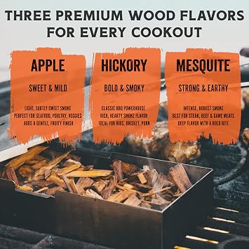Fire & Flavor Premium All Natural Wood Chip Bundle for Smokers - Wood Chips for Smoking - Smoker Wood Chips - Smoker Accessories Gifts for Men and Women - 3 1.37 Lb Bags - Apple, Mesquite, Hickory