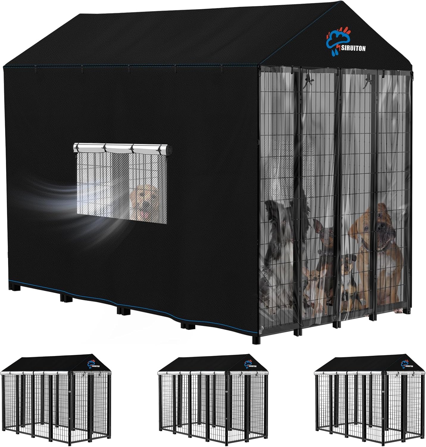SIRUITON Outdoor Dog Kennel Cover,600D Full Coverage Waterproof Kennel Cover,with Transparent Film,Breathable Mesh Curtain & 4 Waterproof Zippers,Rain,Snowproof,Wind & Sun,8'Dx4.1'Wx6'H(Only Cover)
