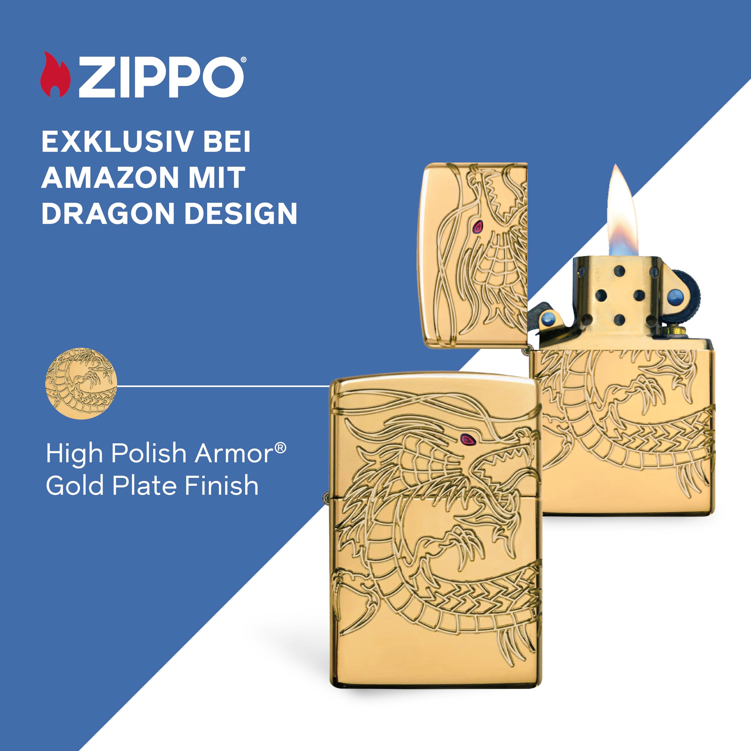 Zippo Sturmfeuerzeug - Chinese Dragon - 360 Multicut Engraving & Epoxy Inlay - Armor, High Polish Gold - Nachfüllbar - Wiederverwendbar - Windfest - Made in USA