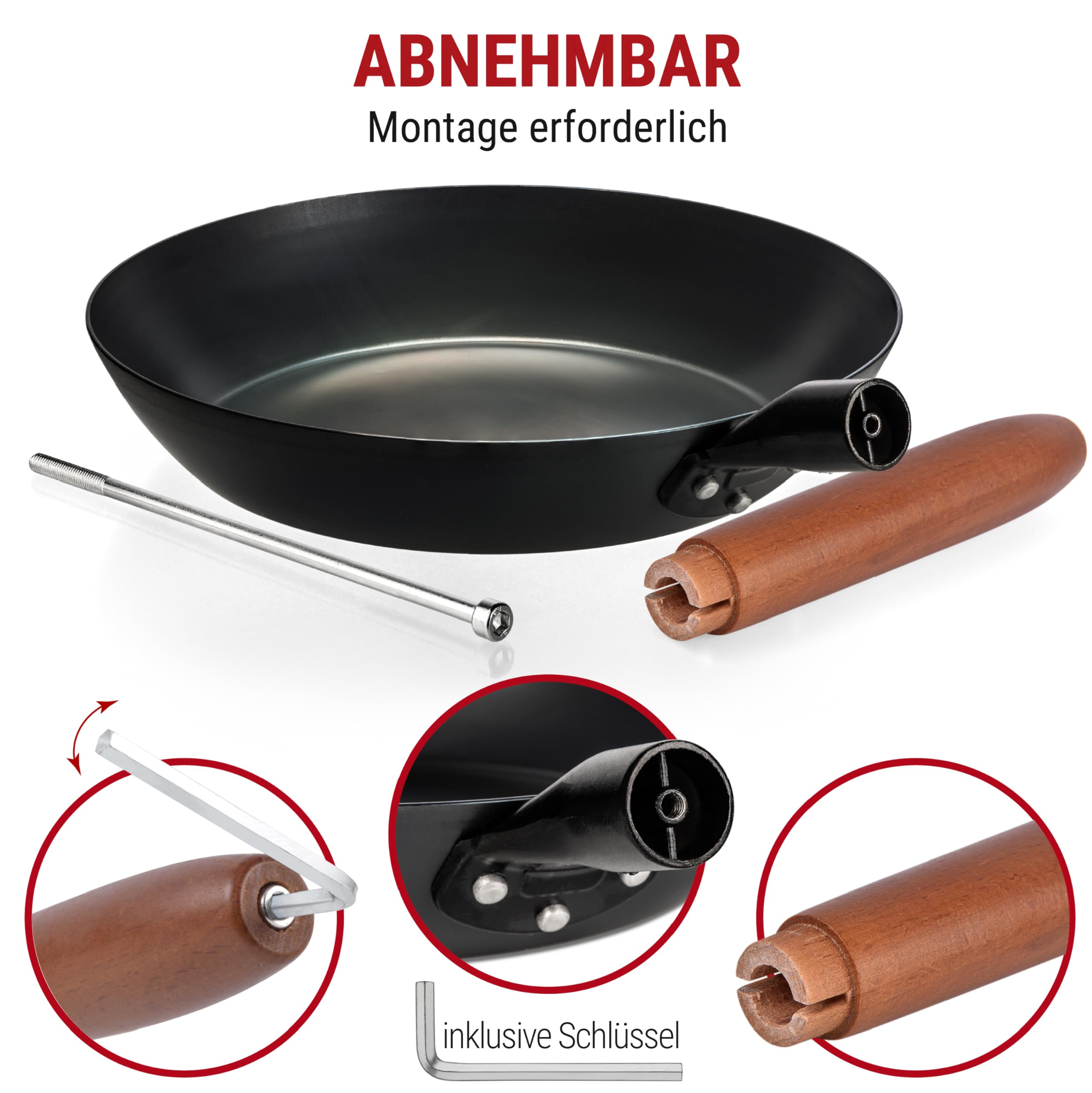YOSUKATA Carbonstahl Pfanne - 26-cm-Bratpfanne - Pfanne alle Herdarten | Beschichtungsfreie Karbonstahlpfanne - Robuste Kohlenstoffstahl-Pfannen mit Abnehmbaren Griff - Hitzebeständigem Holzgriff