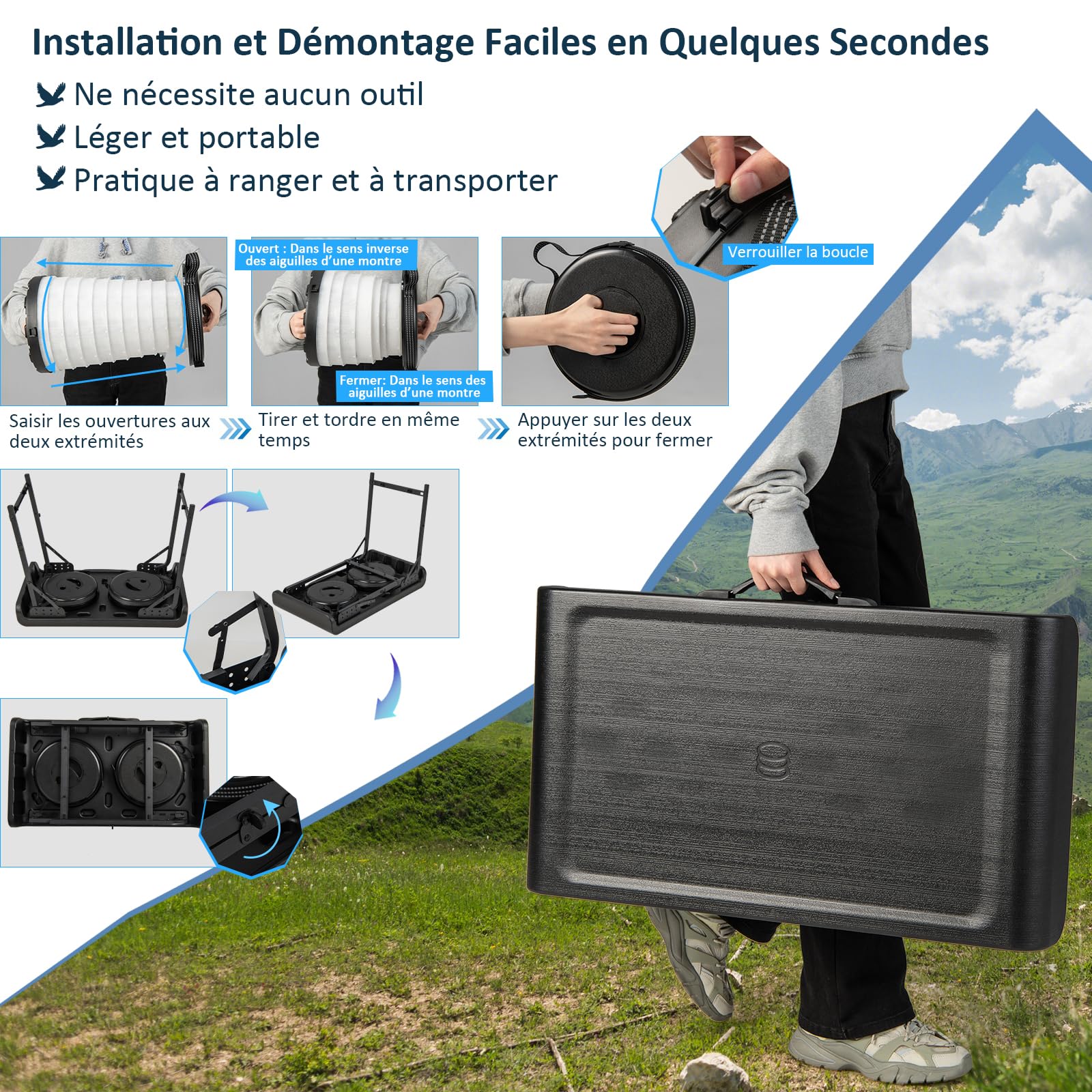 GOPLUS Mesa de camping con 2 taburetes retráctiles LED, juego de 3 piezas para playa, jardín, mesa plegable portátil y 2 sillas ligeras para picnic, barbacoa, pesca