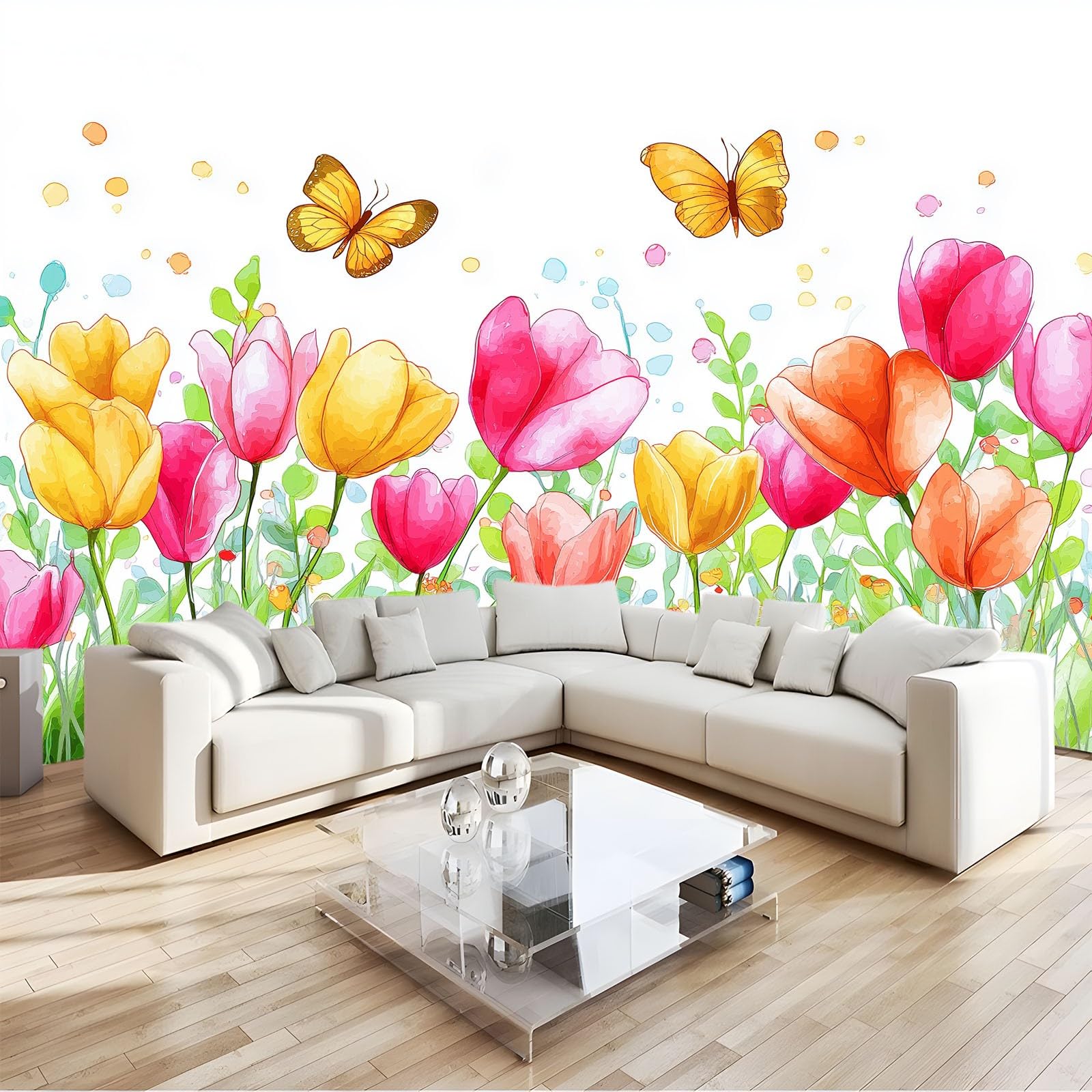 Panoramiczna tapeta akwarelowe kwiaty, wielokolorowe fototapety z włókniny motyle tulipany 350 x 256 cm dekoracja ścienna plakat obrazy ścienne - obraz 3D gobelin do salonu pokój dziecięcy