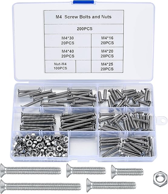 200 Pcs M4 Cross Countersunk Head Screws Bolts and Nuts Set, 304 Stainless Steel Machine Screws Nuts and Bolts, Flat Head Hex Cap Bolts Screws Nuts Assortment Kit - 16mm/20mm/25mm/30mm/40mm