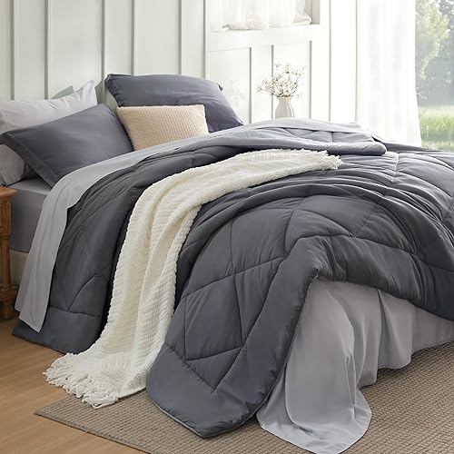 Bedsure Juego de edredón Queen de 7 piezas, ropa de cama reversible gris oscuro, juego de cama tamaño Queen para todas las estaciones, cama en una