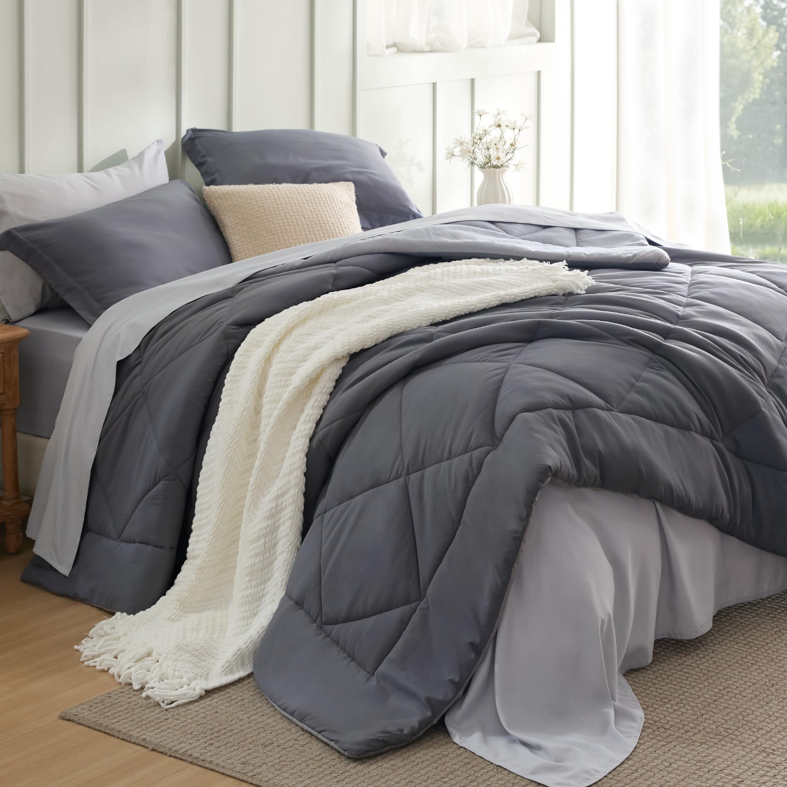 Bedsure California King Comforter Set - 7 Pieces Reversible Dark Grey Bedding, California King Size Bed Set for All Seasons, Bed in a Bag with Down Alternative Comforter, Sheets, Pillowcases & Shams