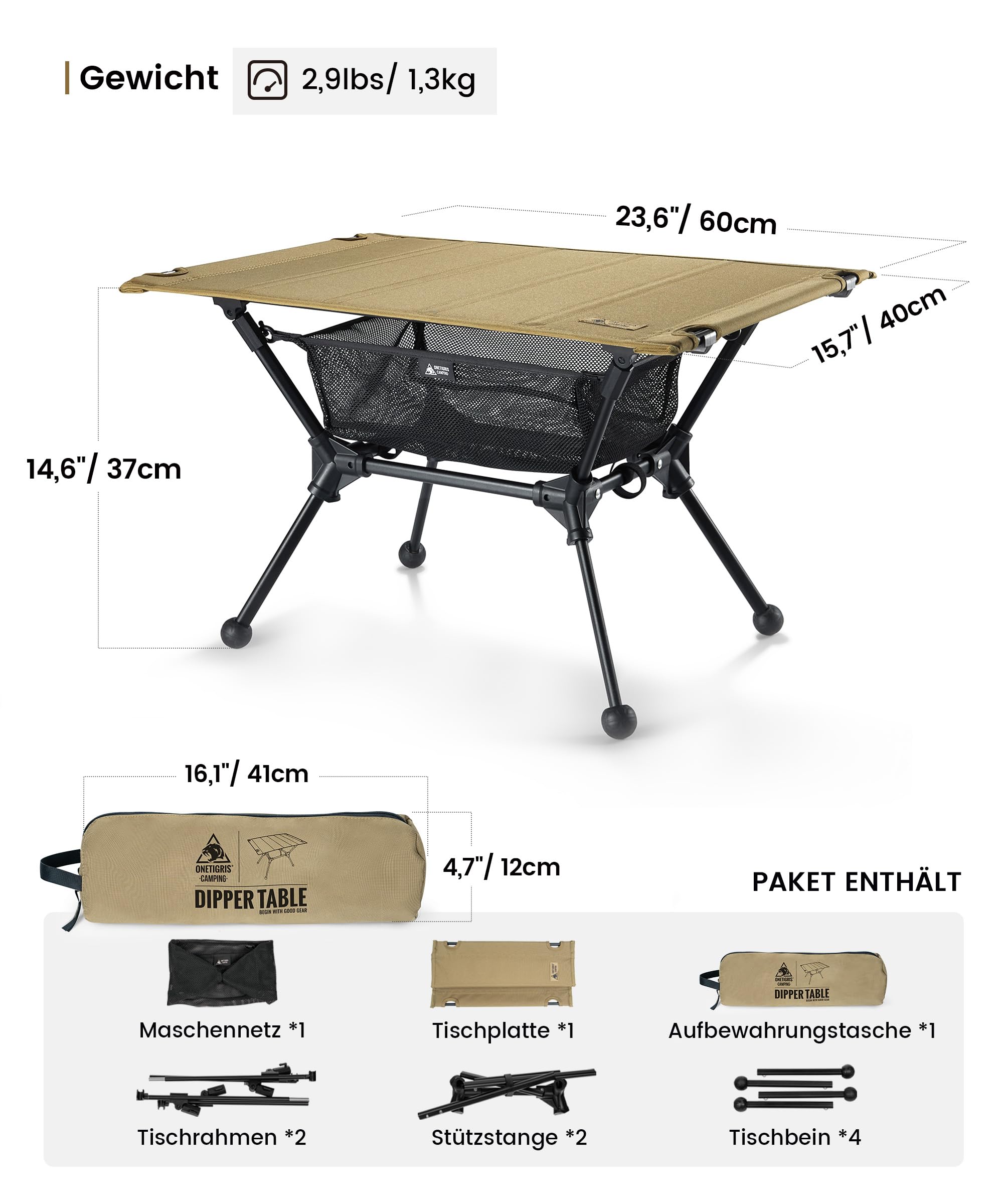 OneTigris Dipper faltbar Campingtisch klappbar, Camping Tisch Klapptisch mit Tragetasche und Netztasche, Kleiner Tisch Outdoor Ultraleicht für Angeln Wandern 60 x 40 x 37 cm