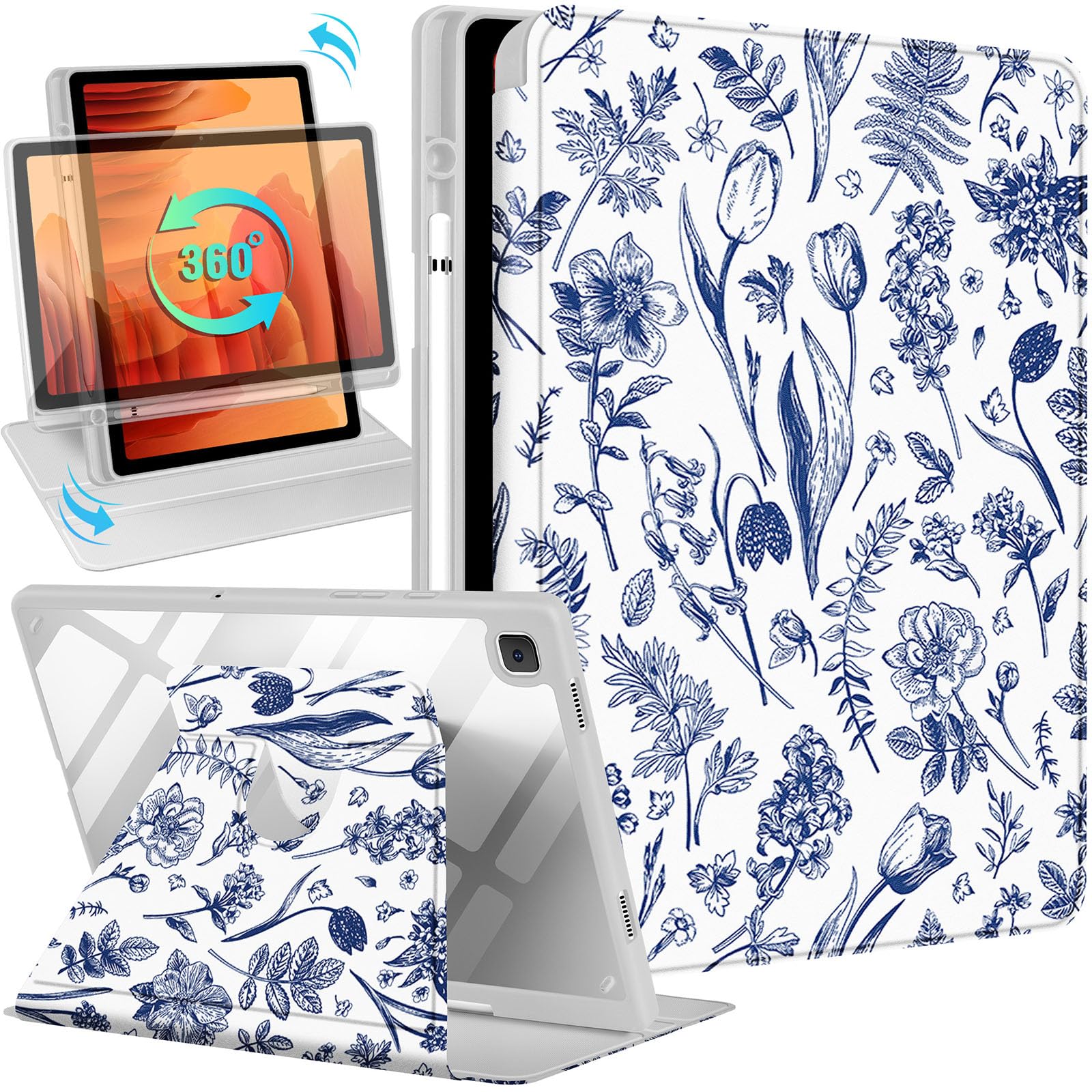 Kidcube for Samsung Galaxy Tab A7 Case - 10.4 Inch for Women Girls Cute Folio Cover with Pencil Holder Floral Flower Pretty Unique Design Rotating Stand Teens for Galaxy Tab A7 Tablet Cases 2022/2020 4-Blue Sketch