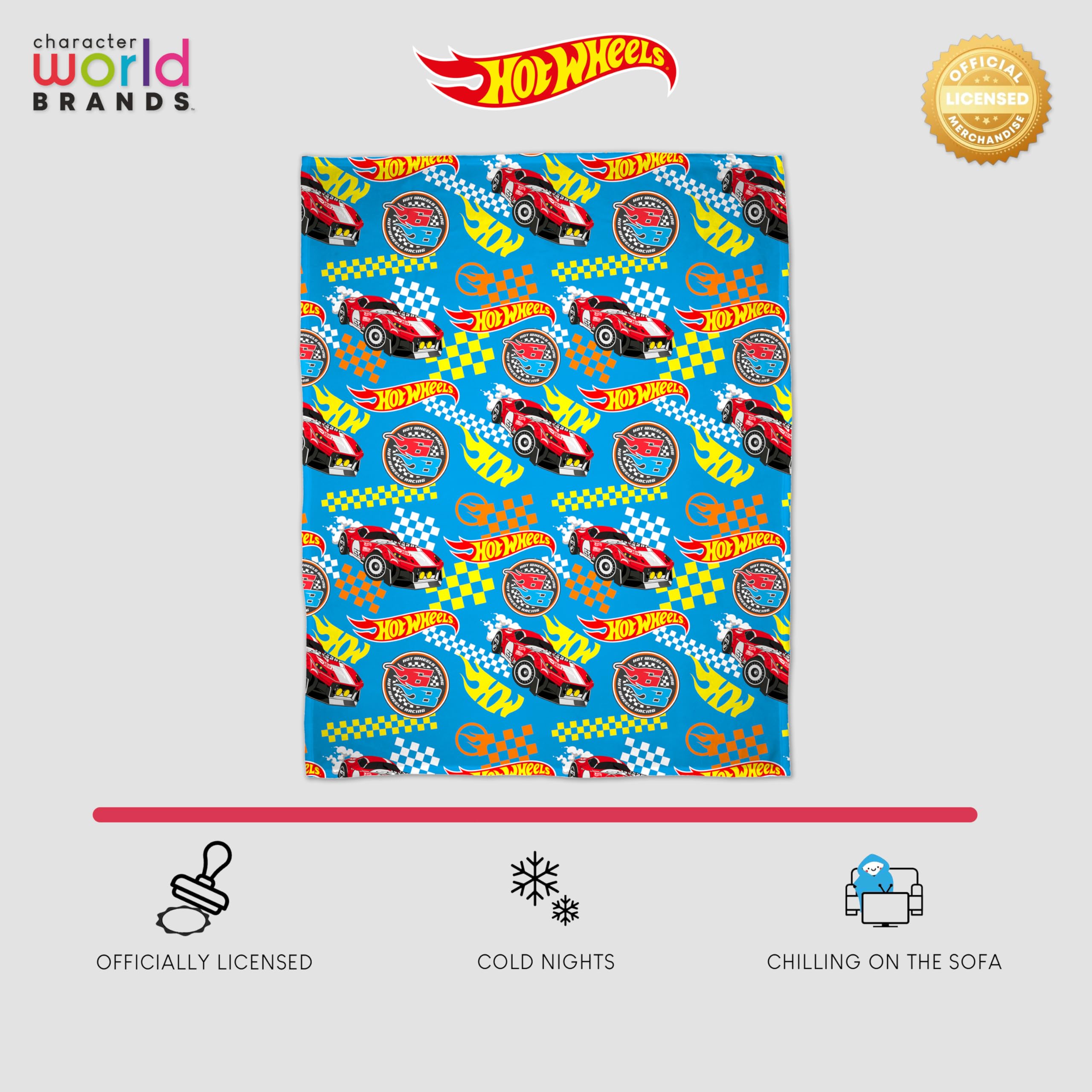 Character World Coperta ufficiale Hot Wheels in pile, super morbida e calda, motivo fiamma, perfetta per camera da letto, campeggio e pigiama party, 100 x 150 cm