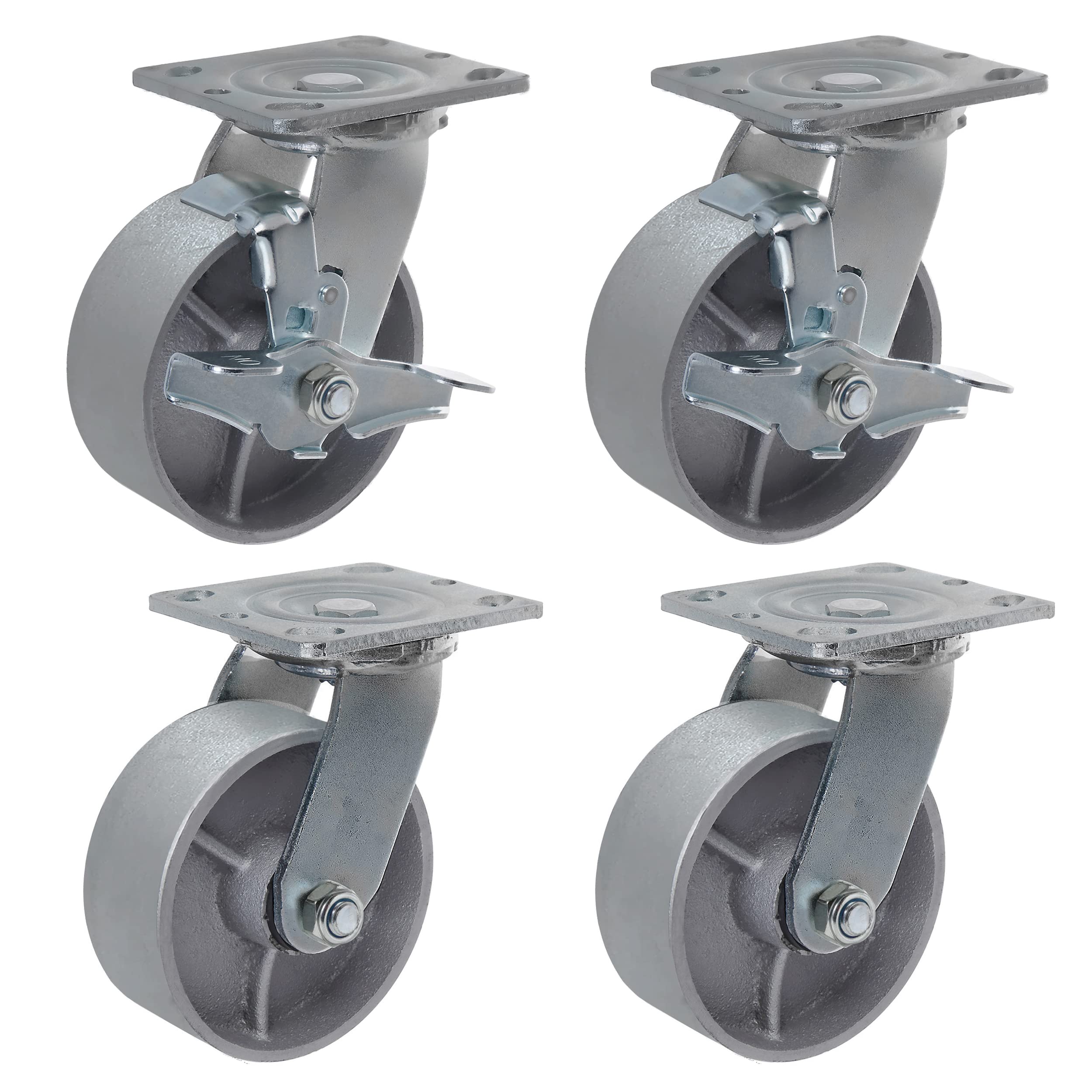 Heavy Duty Caster Steel Cast Iron Wheel, Tool Box and Workbench Caster-Set of 4 4000 LB Capacity (5 inch, 2Swivel&2Brake))